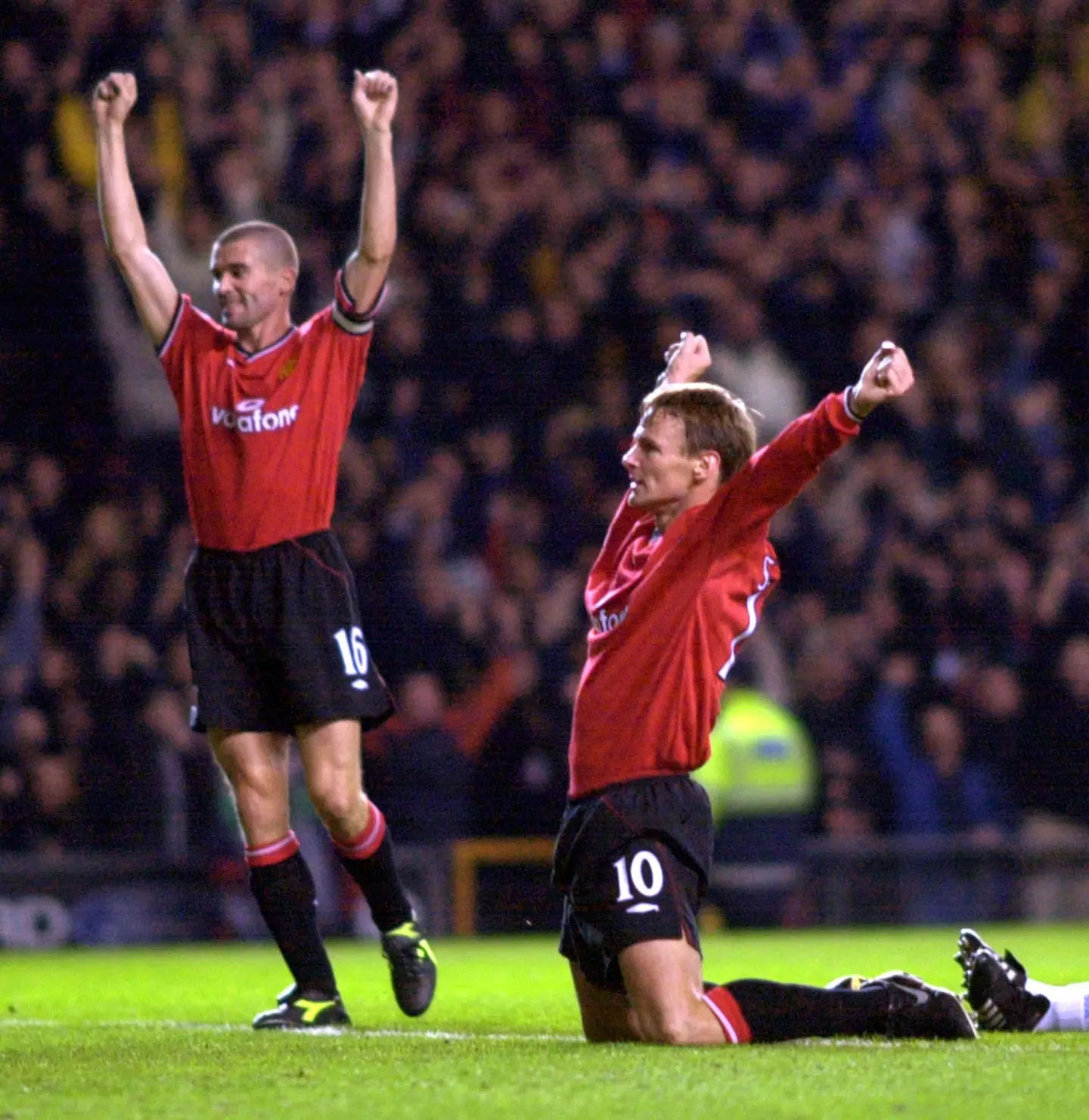 Teddy Sheringham celebrates alongside Roy Keane after scoring against Dynamo Kyiv. Image credit: Alamy