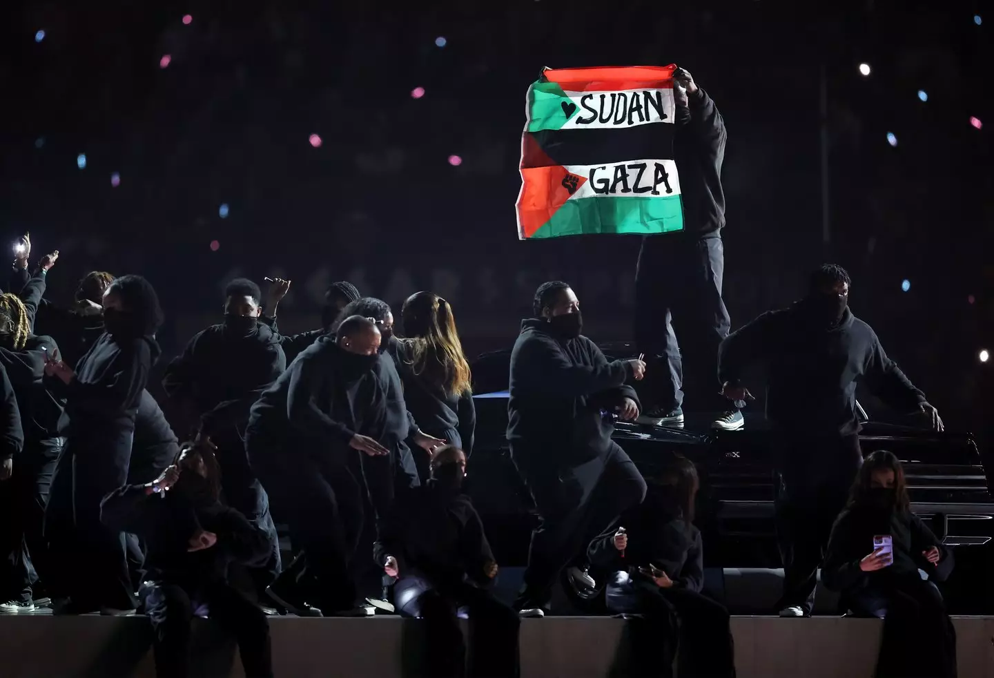 A Sudan/Gaza flag was flown during the Super Bowl half-time show (Image: Getty)