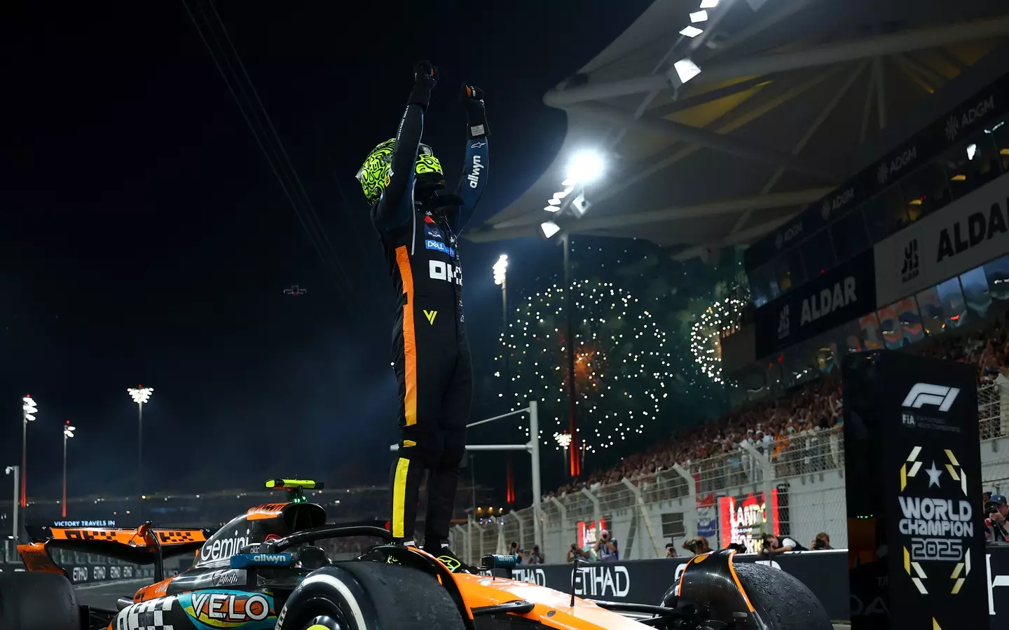 Lando Norris celebrates winning the F1 championship. Image: Getty