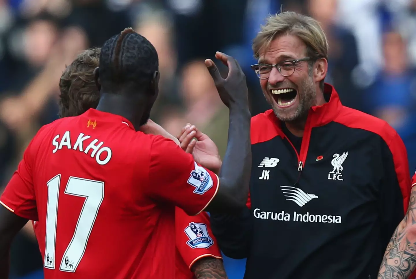 Jurgen Klopp and Mamadou Sakho share an embrace after a Liverpool game. Image: Getty