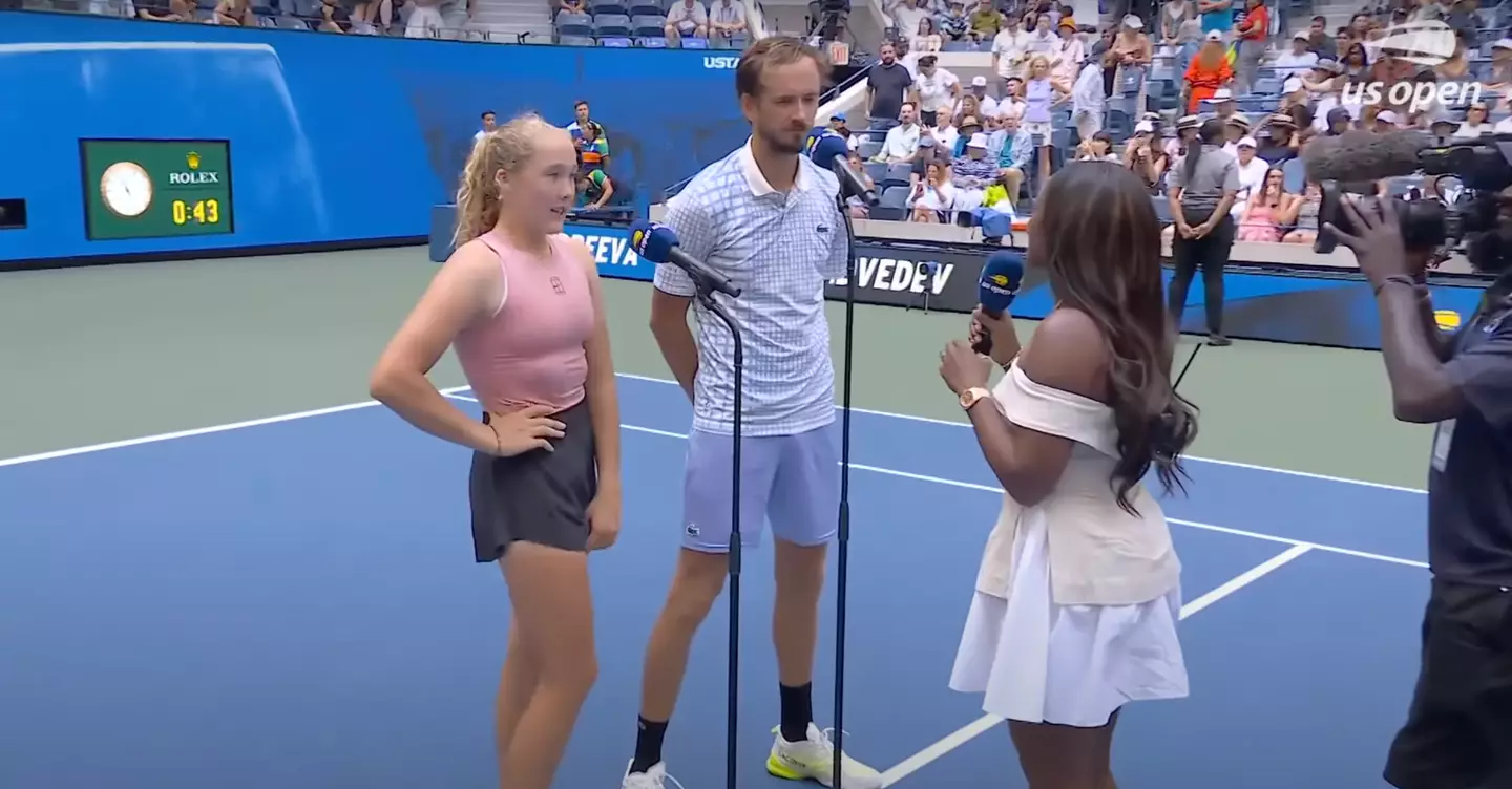 Andreeva and Medvedev's on-court interview following their win over Danilovic and Djokovic. Image credit: YouTube/US Open Tennis Championships