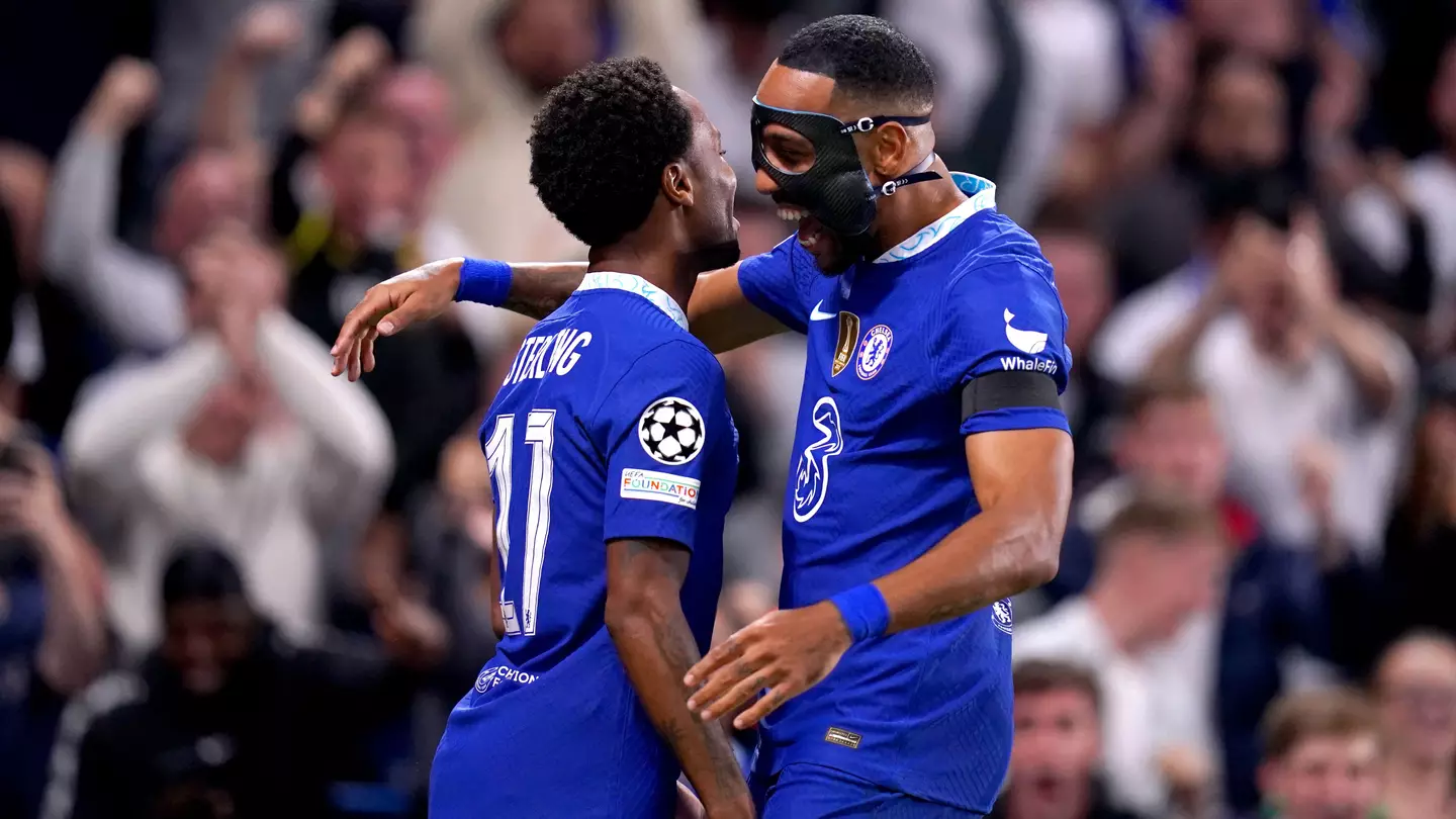 Chelsea's Raheem Sterling (left) celebrates with team-mate Pierre-Emerick Aubameyang. (Alamy)