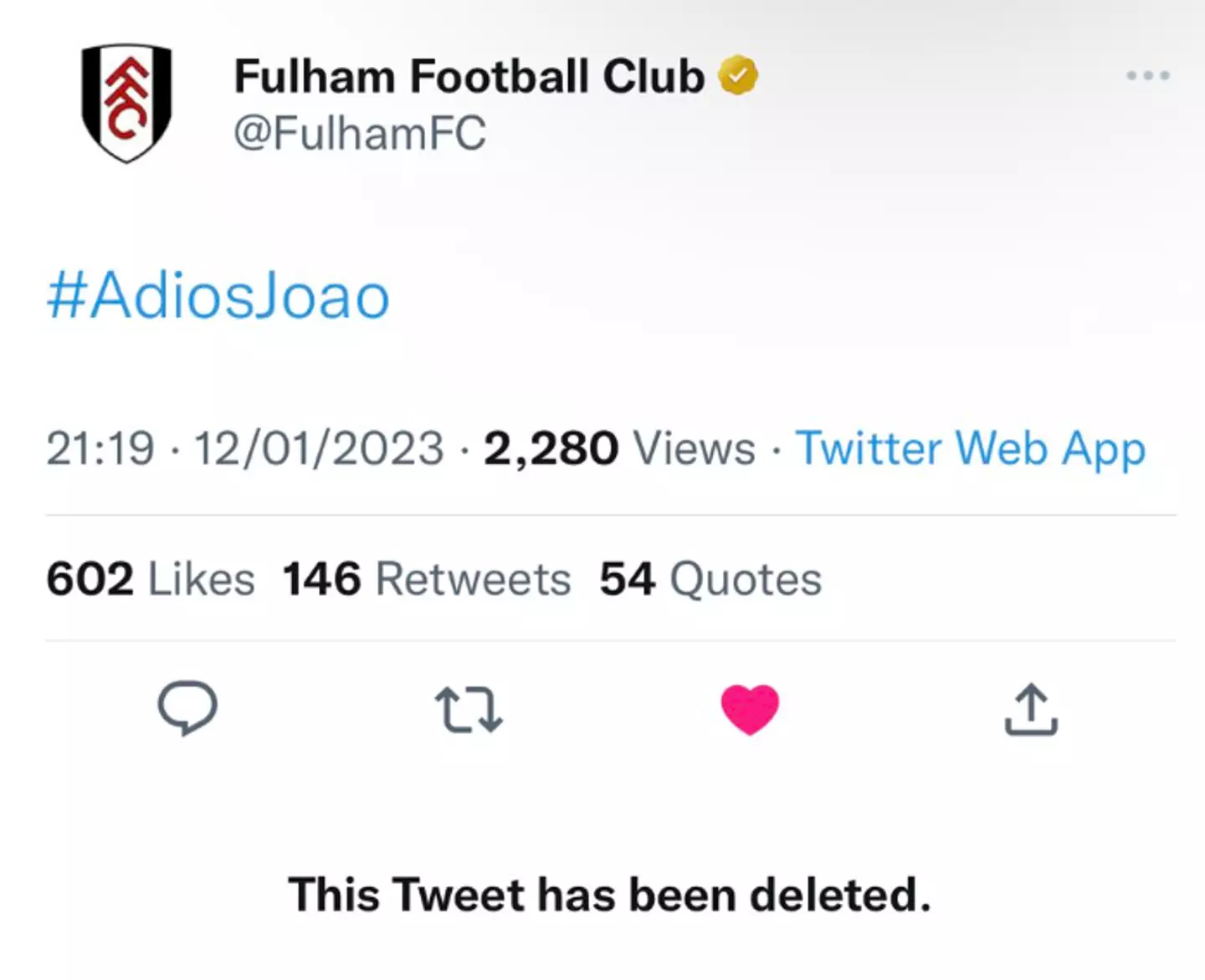 Fulham's deleted tweet. (Image