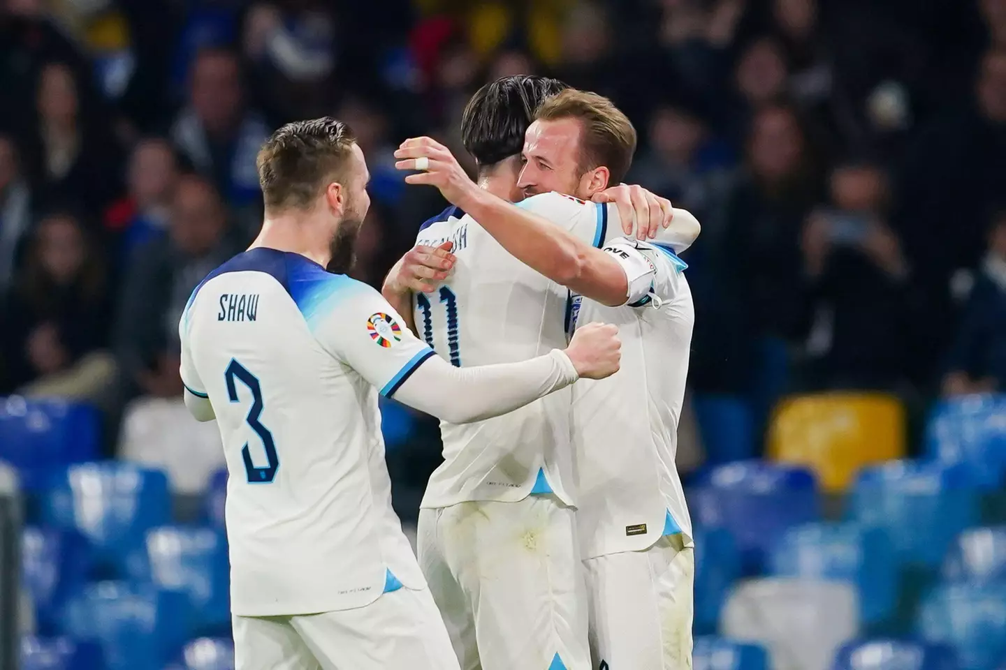 Kane celebrates his record with England teammates. Image: Alamy