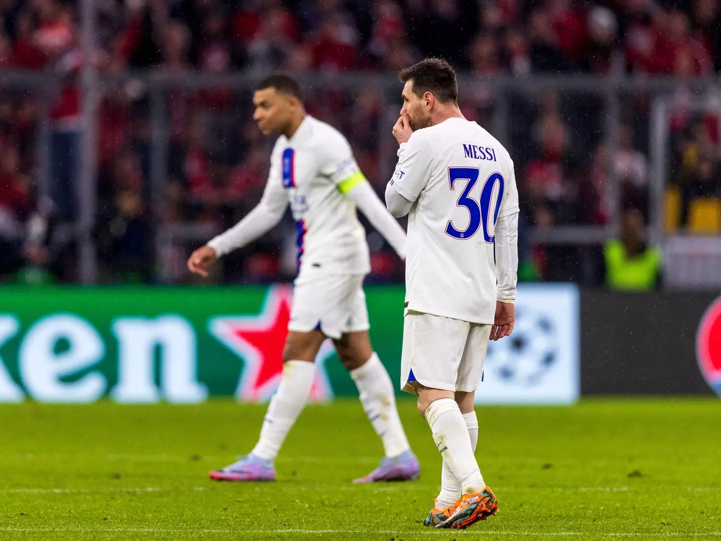 Lionel Messi and Kylian Mbappe during Paris Saint-Germain's defeat to Bayern Munich. Image: Alamy