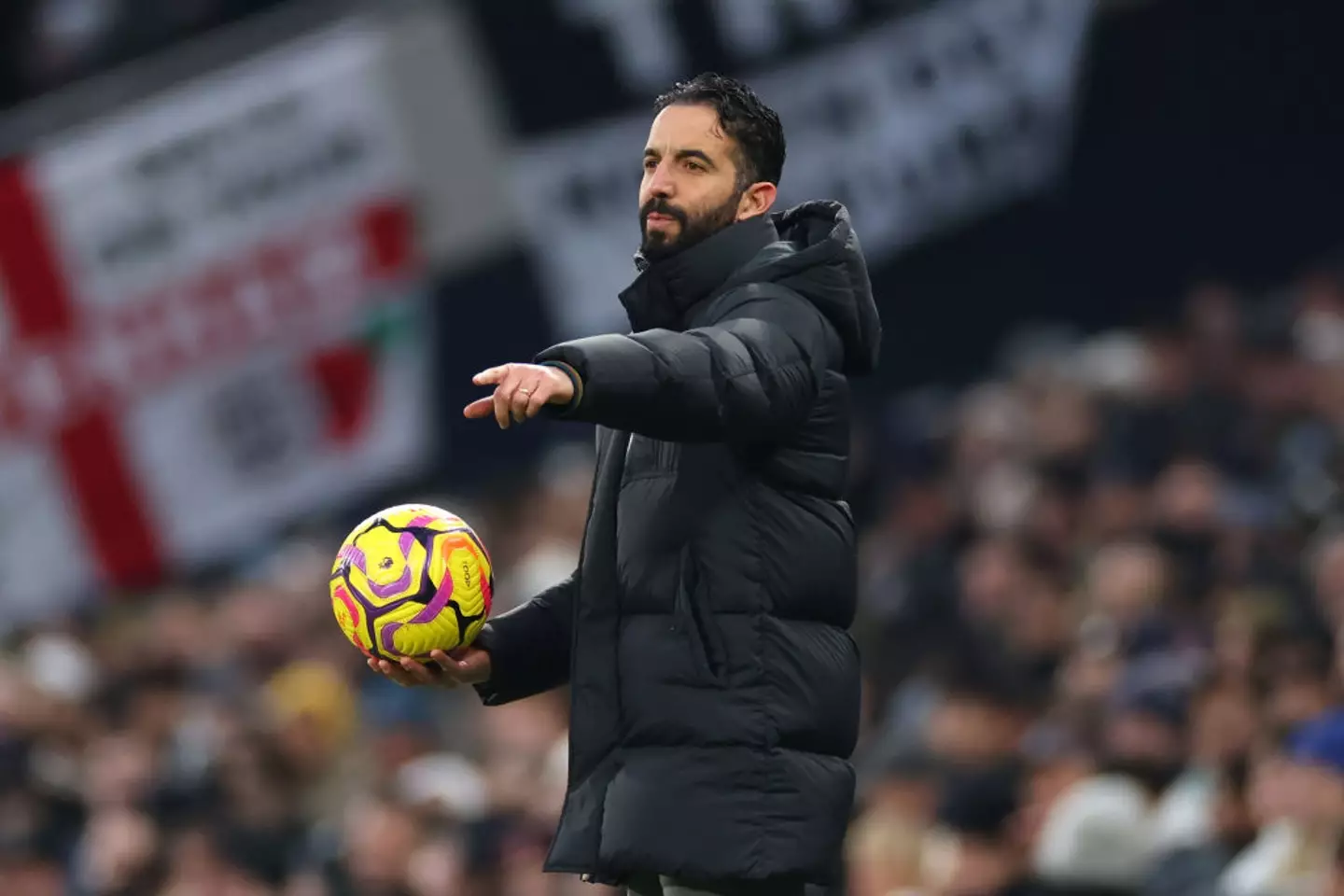 Ruben Amorim watches on during Manchester United's 1-0 defeat to Tottenham (Image: Getty)