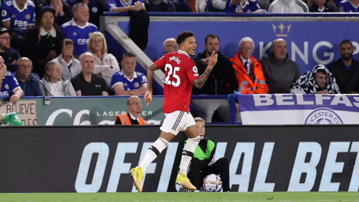 Jadon Sancho celebrates against Leicester City. (Man Utd)