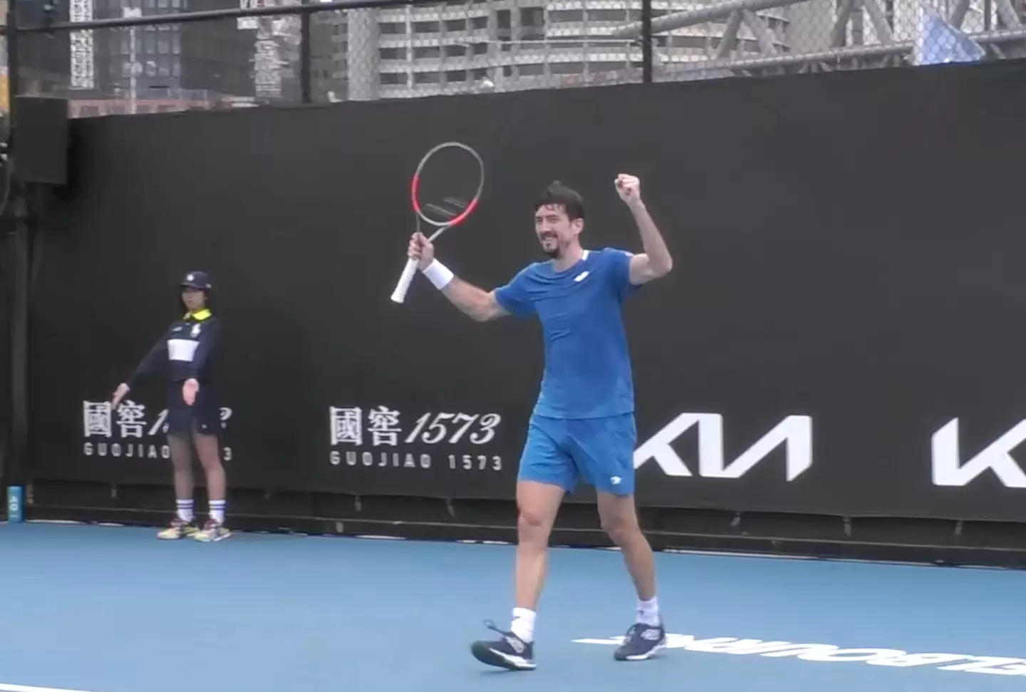 Sebastian Ofner thought he'd clinched victory against Nishesh Basavareddy. Image credit: Australian Open/X