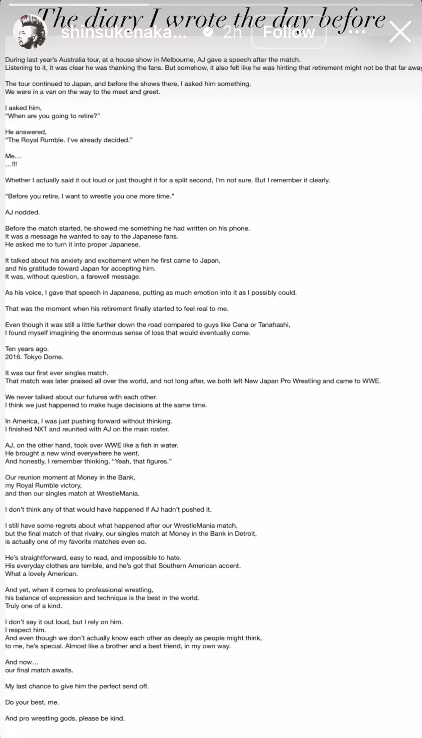 Nakamura appeared to confirm Styles' retirement. Image: Instagram/@shinsukenakamura