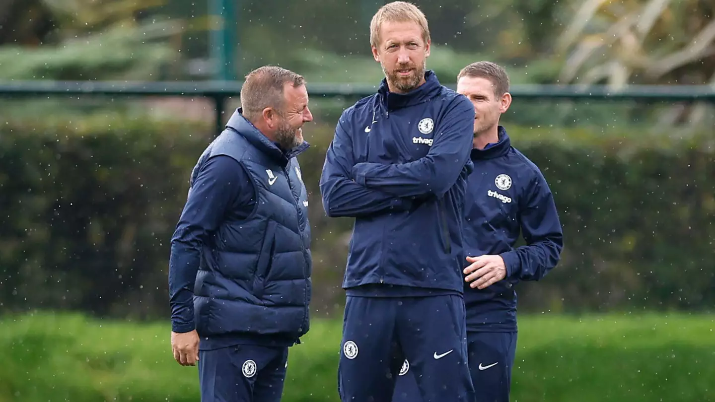 Chelsea manager Graham Potter (centre) with assistant manager Billy Reid (centre) and Anthony Barry during a training session at Cobham Training Centre. (Alamy)