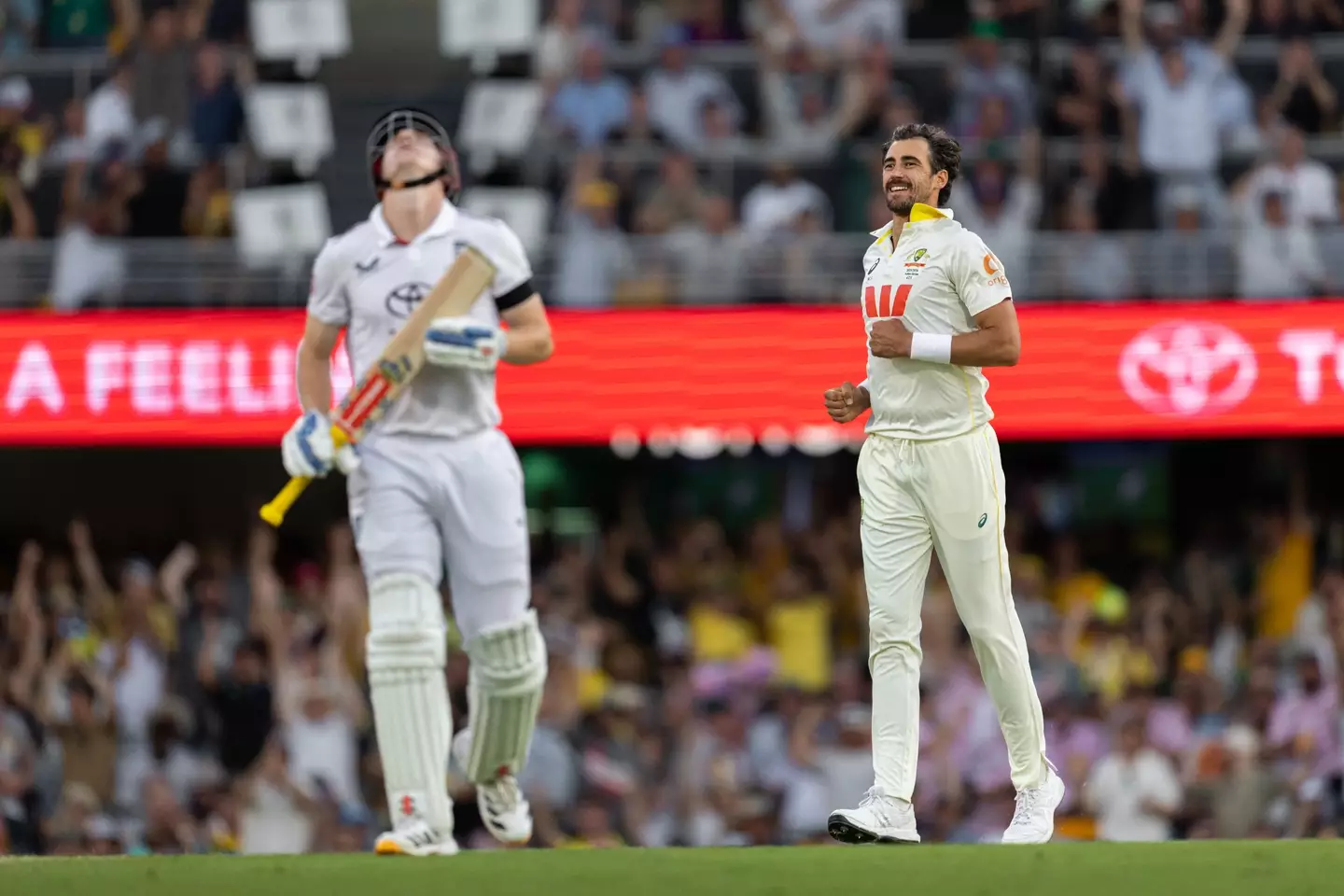 Harry Brook reacts after Mitchell Starc gets him out. Image: Getty