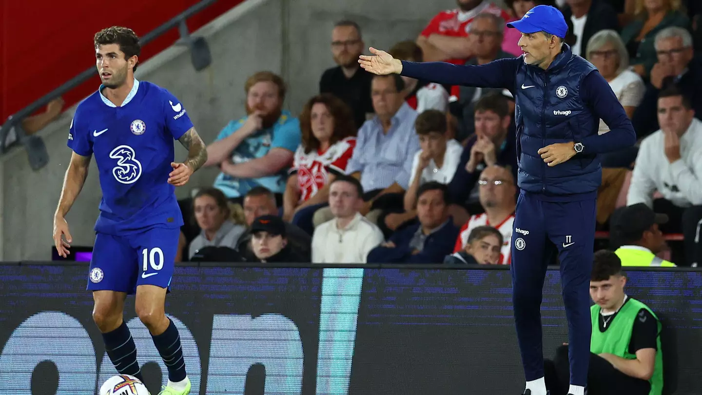 Christian Pulisic of Chelsea with Thomas Tuchel during the Premier League match at St Mary's Stadium. (Alamy)