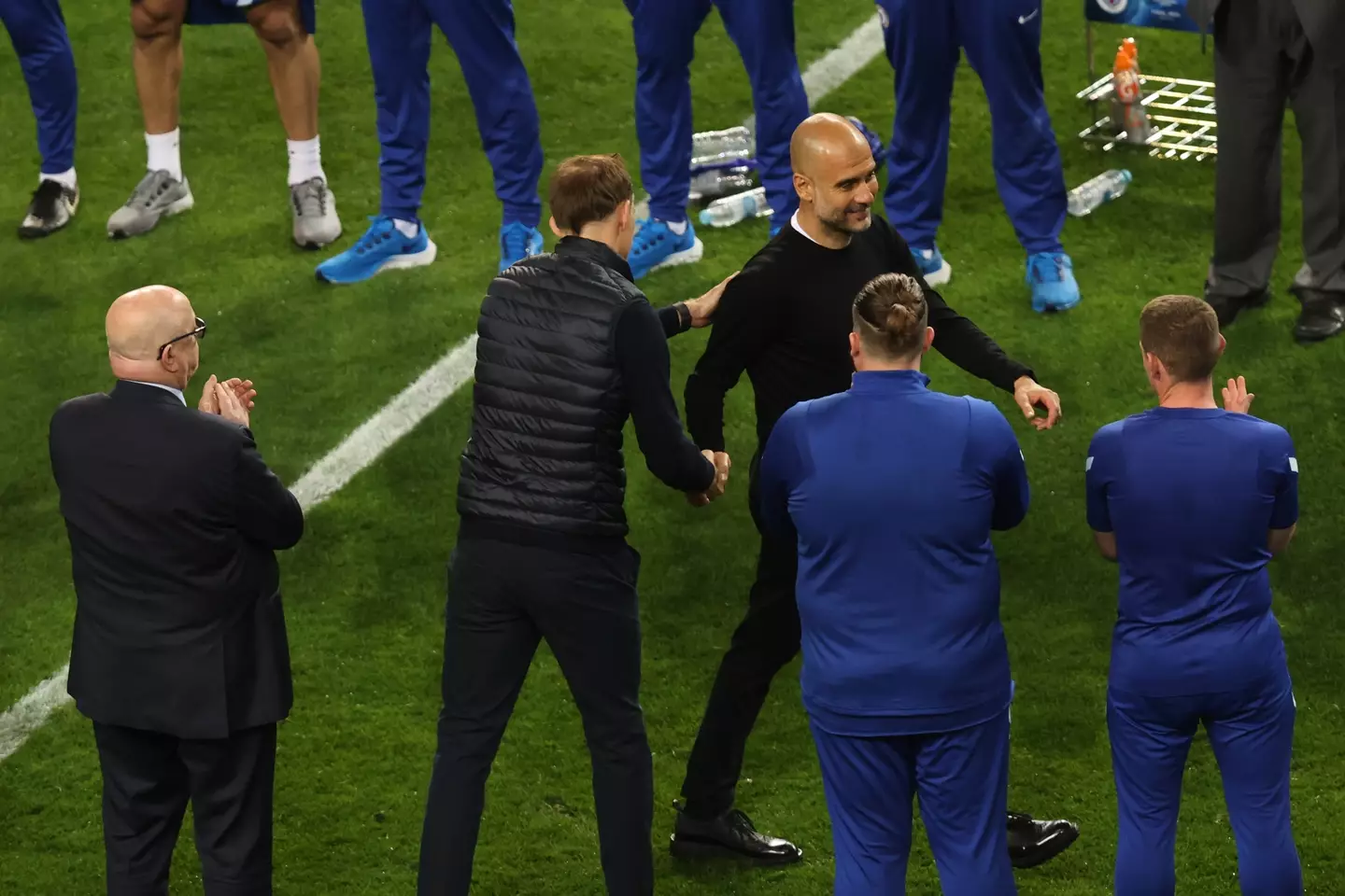 Thomas Tuchel shakes hands with Pep Guardiola following Chelsea's victory over Manchester City in the Champions League final. Image: Getty