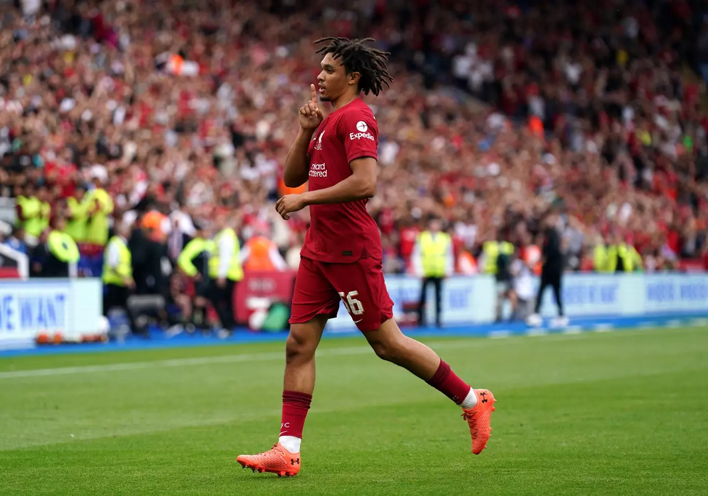 Trent Alexander-Arnold celebrates scoring (Image: PA Images/Alamy)