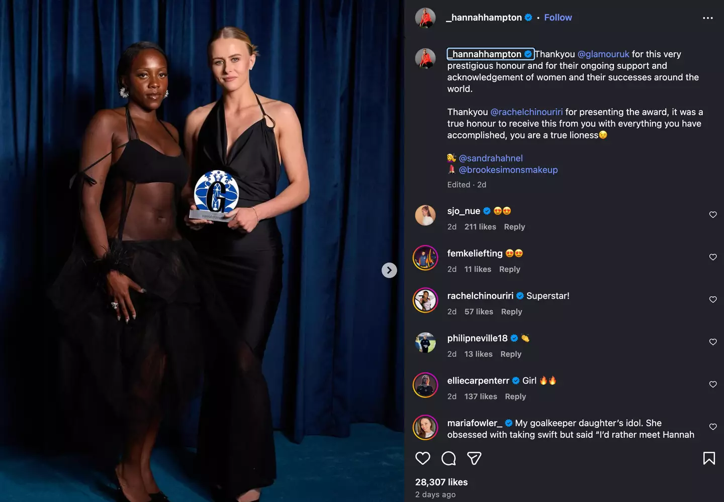 Hampton has only posted to social media once since Earps' comments, after winning a Woman of the Year award (Image: Instagram/@hannahhampton)
