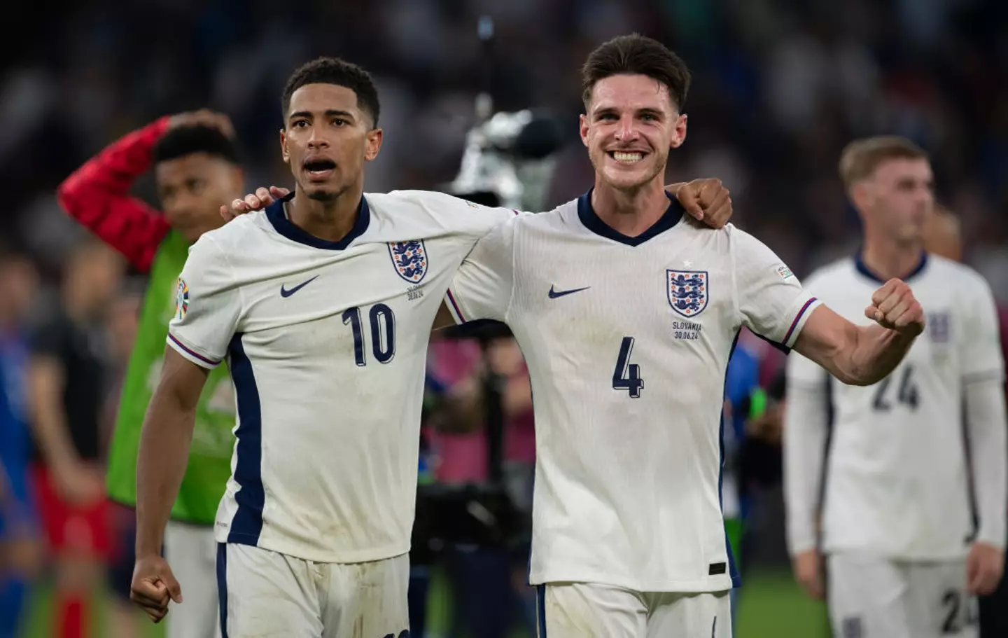 Jude Bellingham and Declan Rice celebrate after England reach the Euro 2024 quarter-finals (