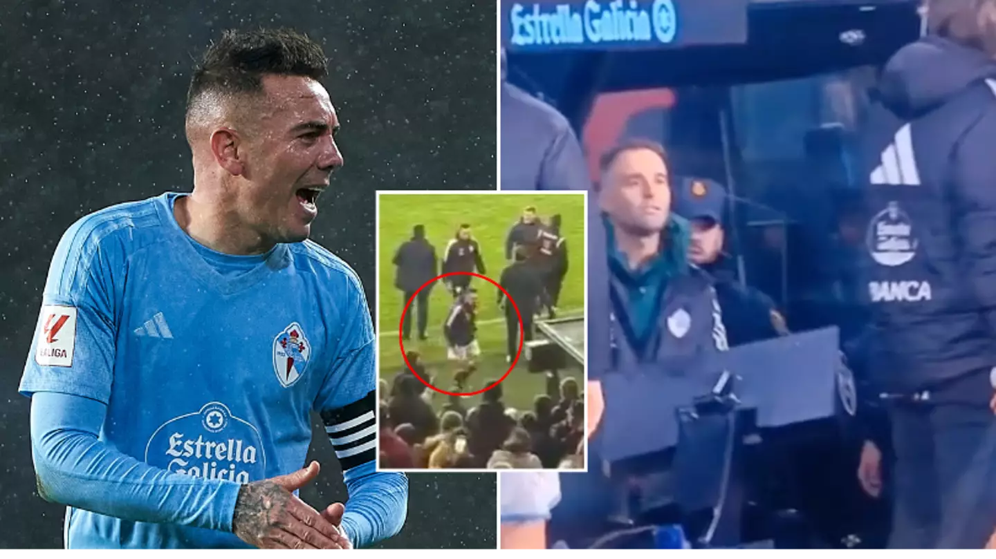 Remarkable footage shows Iago Aspas pushing over pitchside monitor after VAR decision