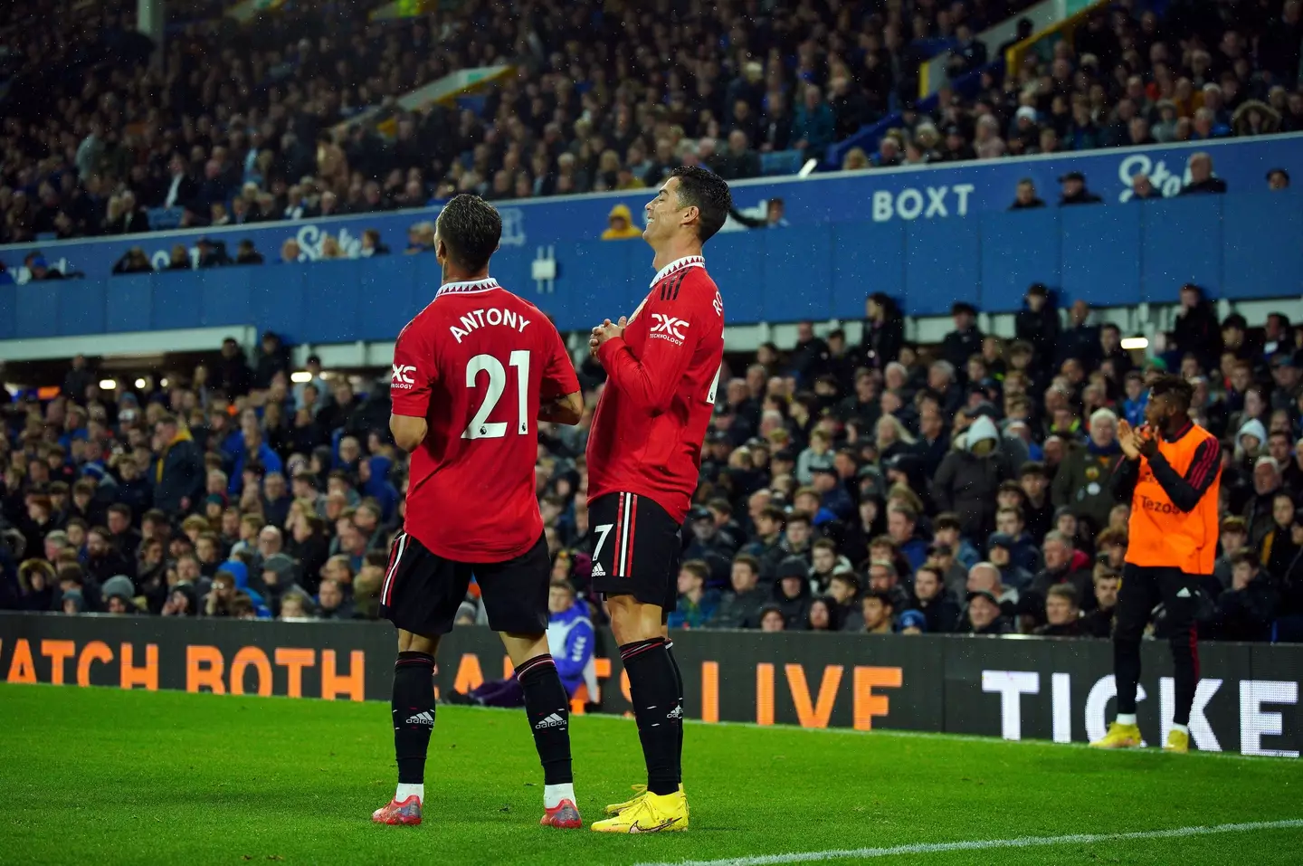 Cristiano Ronaldo and Antony celebrate after Ronaldo's goal against Everton. (Alamy)