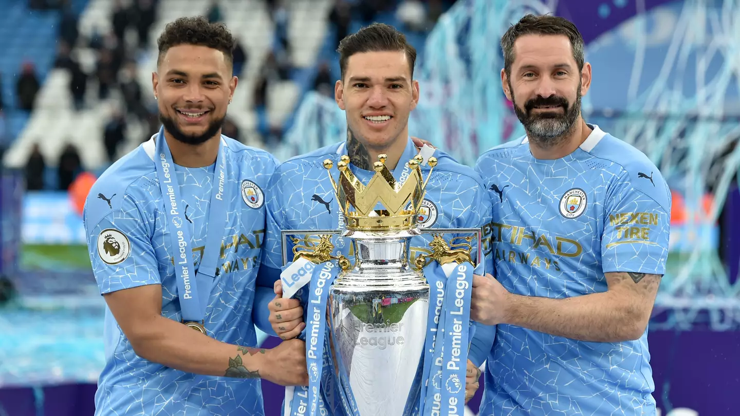 Carson holds Premier League title with Ederson and Zack Steffen. 