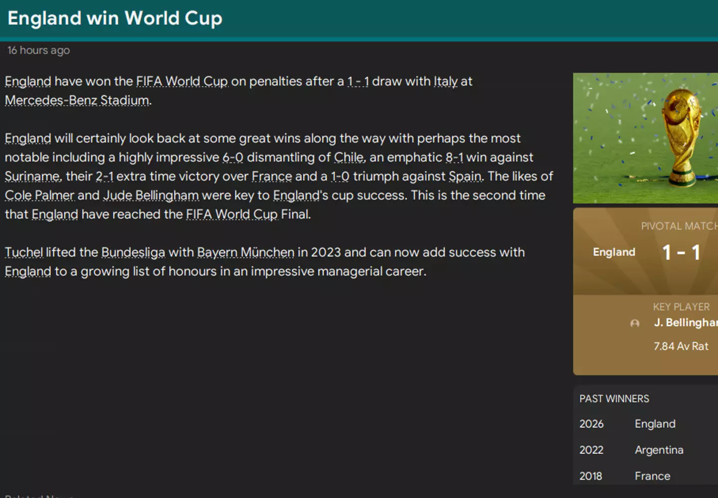 England's 2026 World Cup summary - Image: Football Manager