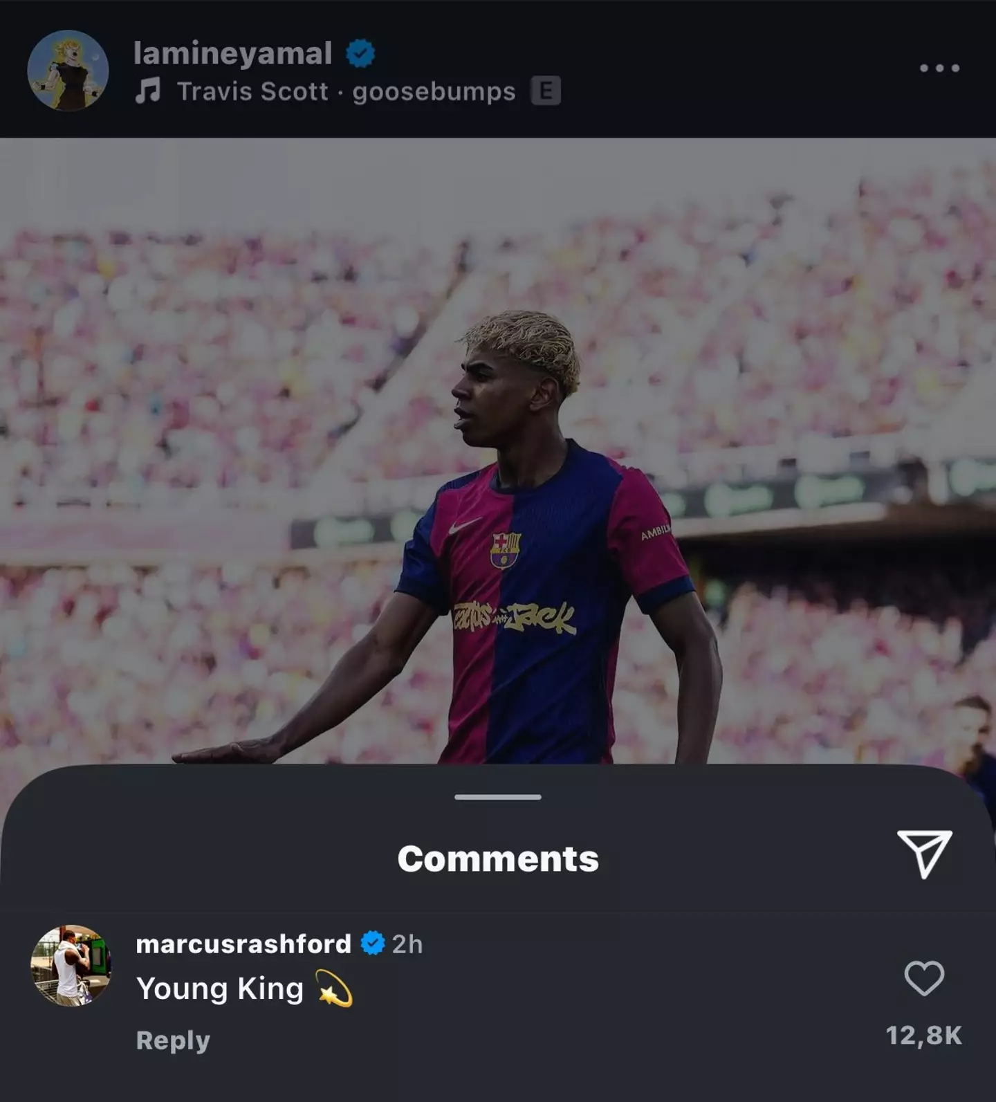 Marcus Rashford commented on Lamine Yamal's social media post. Image: Instagram