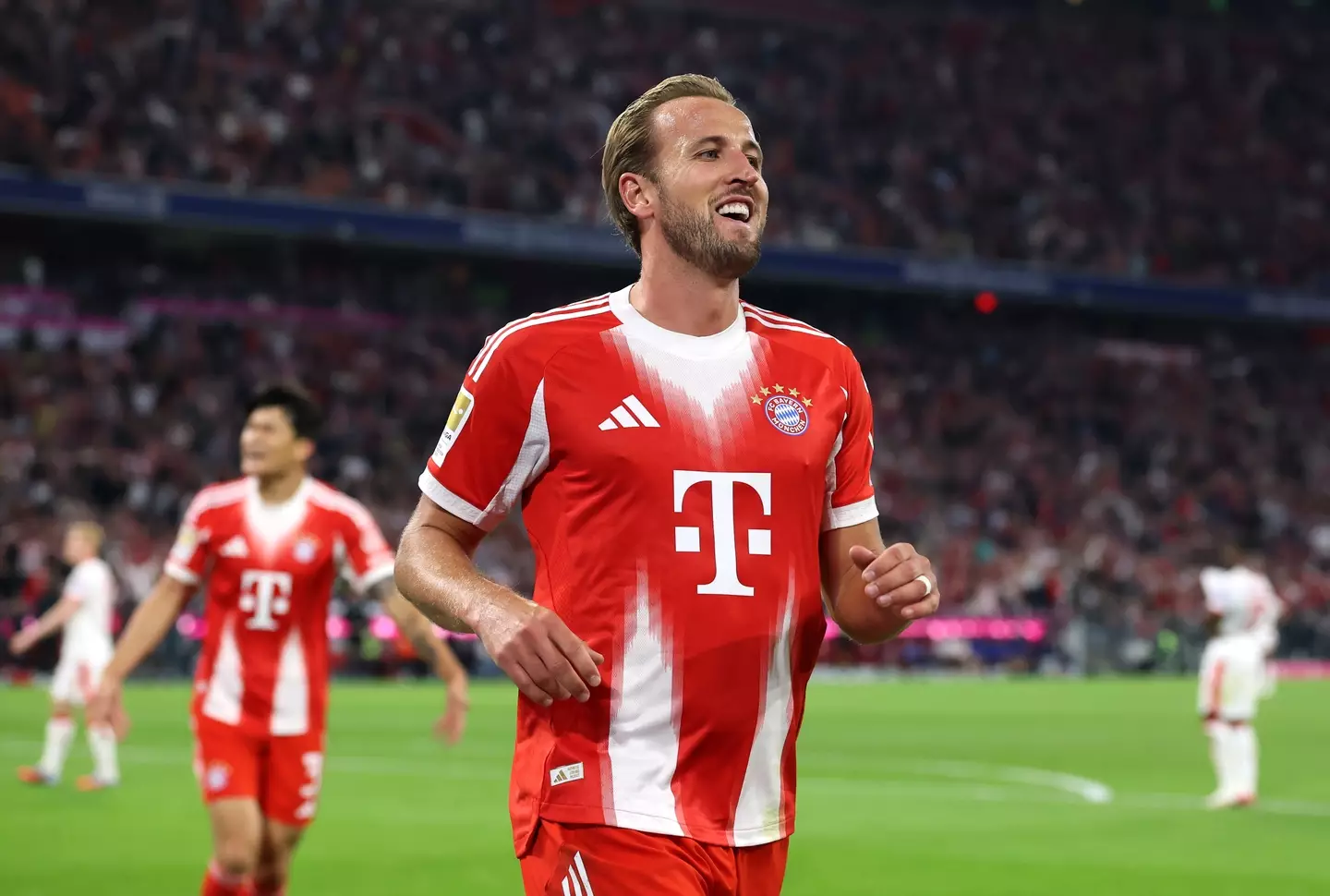 Harry Kane celebrates scoring a goal for Bayern Munich. Image: Getty