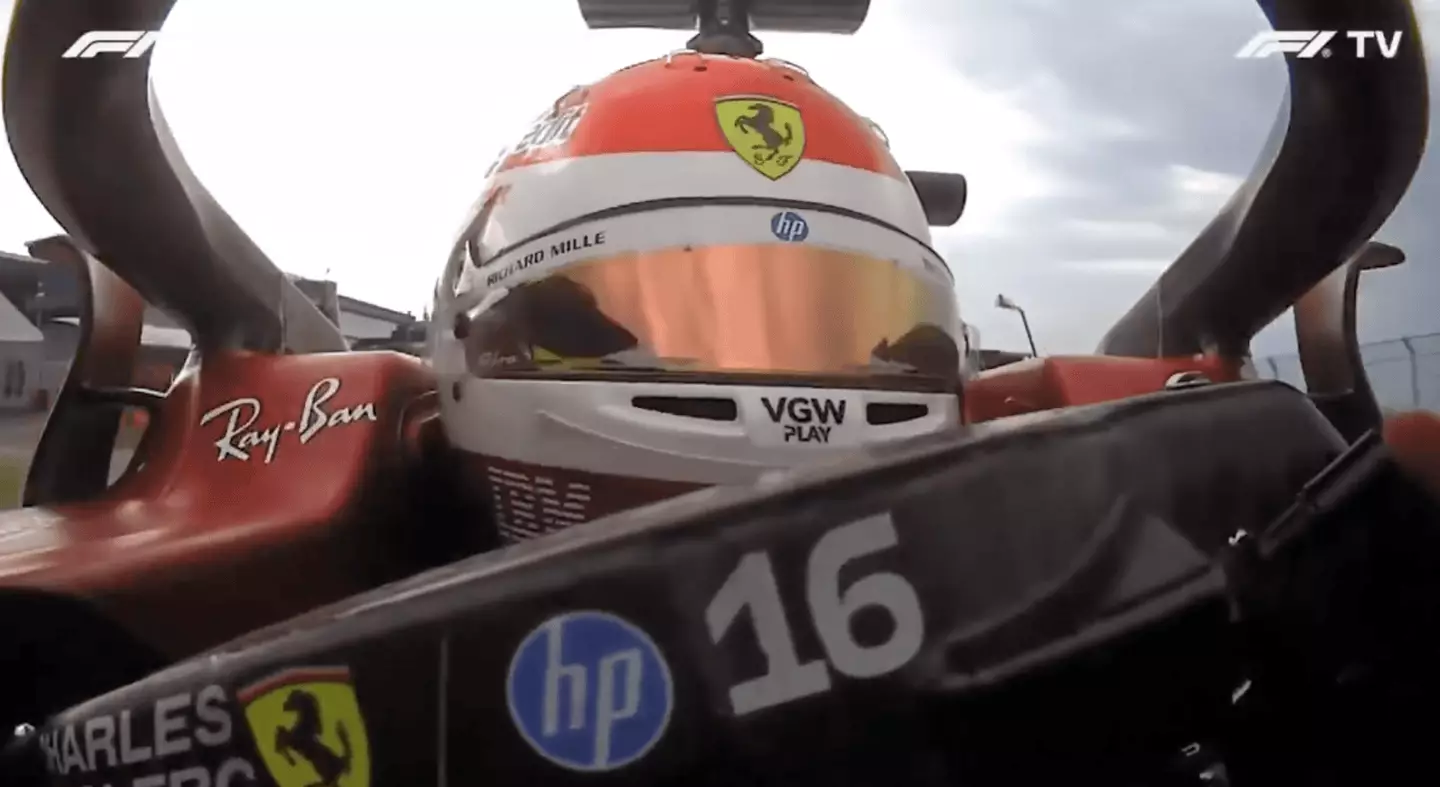 Leclerc had to look at the timing screens on the way back to the pit lane (Image: F1TV)