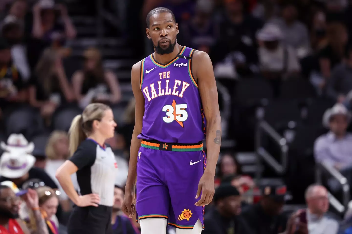 Kevin Durant of the Phoenix Suns looks on during the second half against the Houston Rockets.