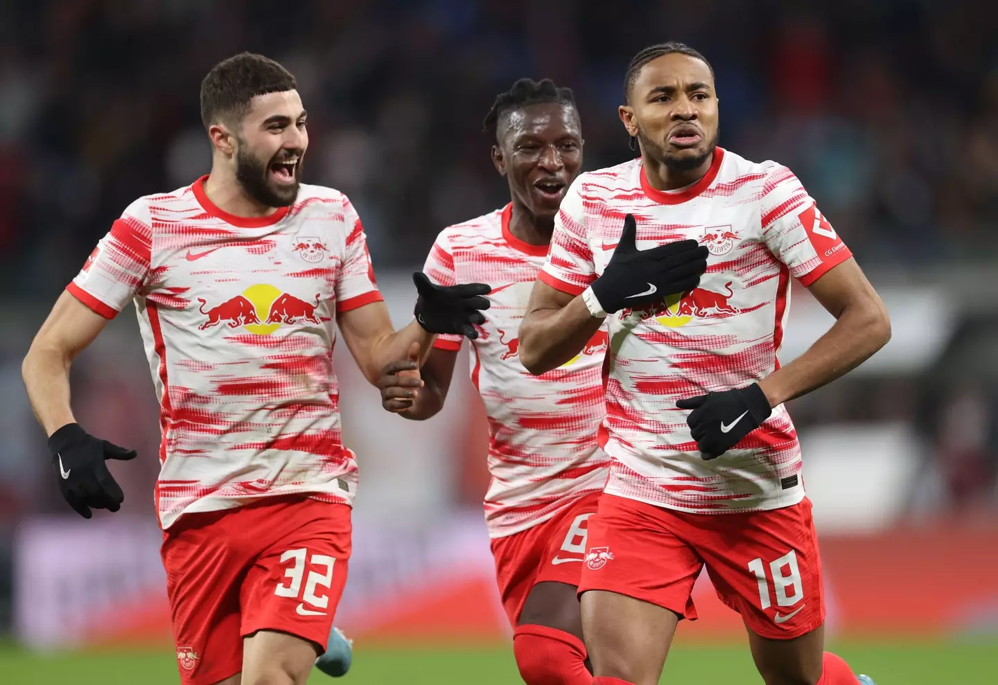 Gvardiol (L) and Nkunku (R) celebrate with Amadou Haidara. (Image