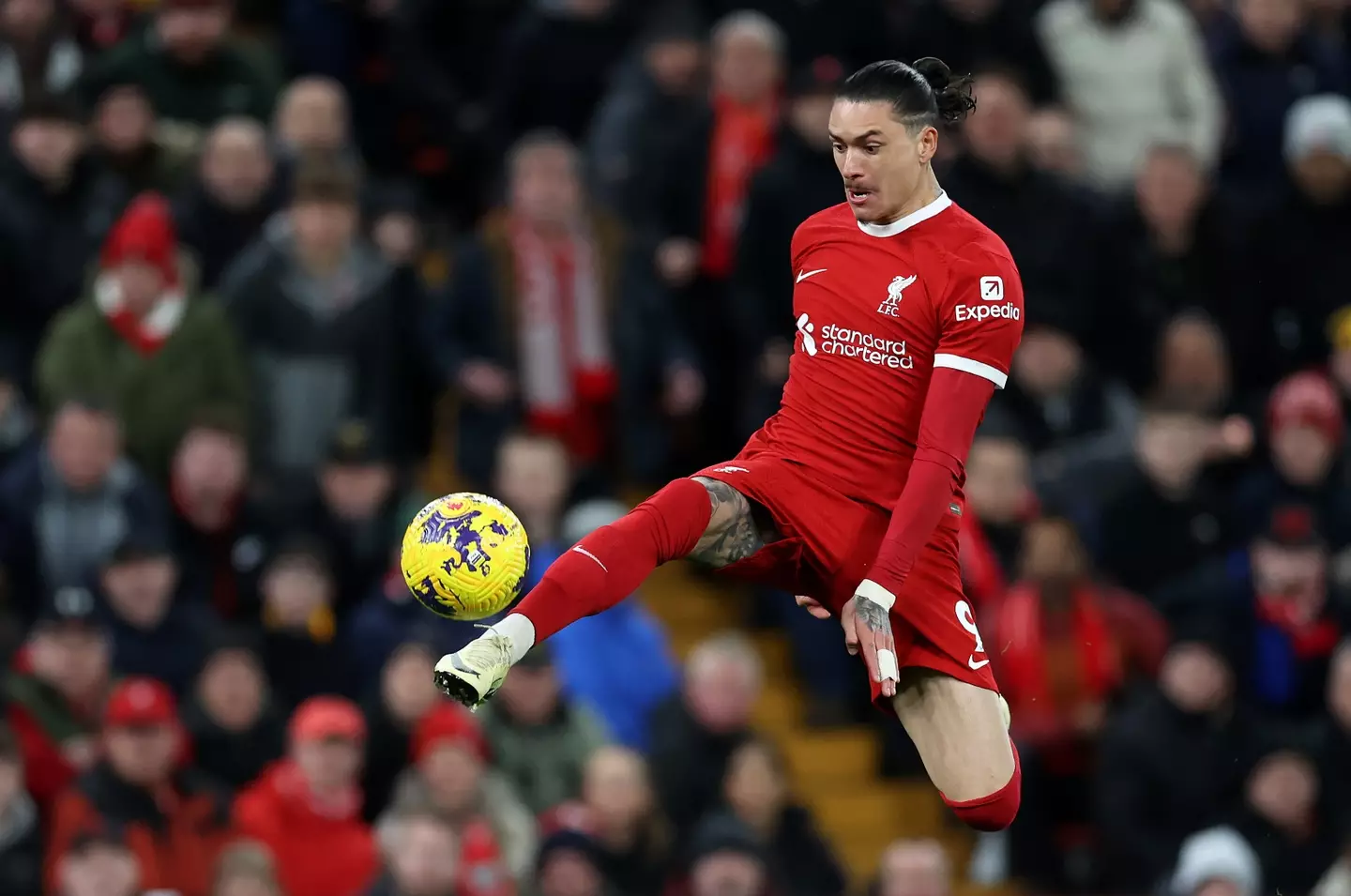 Liverpool's Darwin Nunez can't touch the 'This is Anfield' sign. (