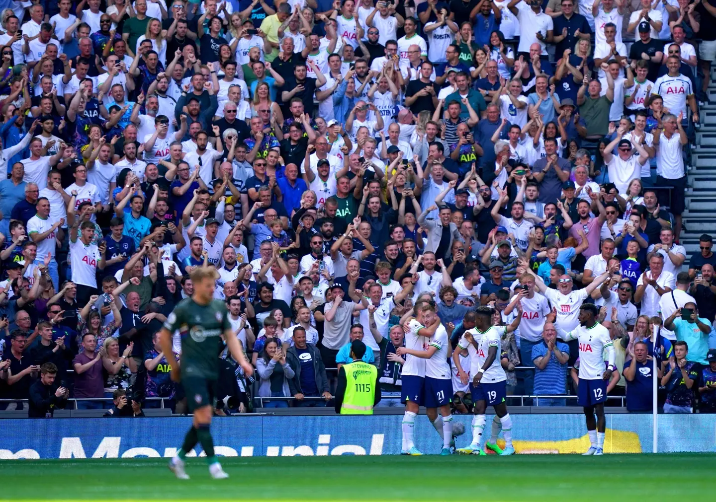 Tottenham Hotspur's Dejan Kulusevski celebrates with his team-mates after scoring their side's fourth goal of the game during the Premier League match vs Southampton. (Alamy)