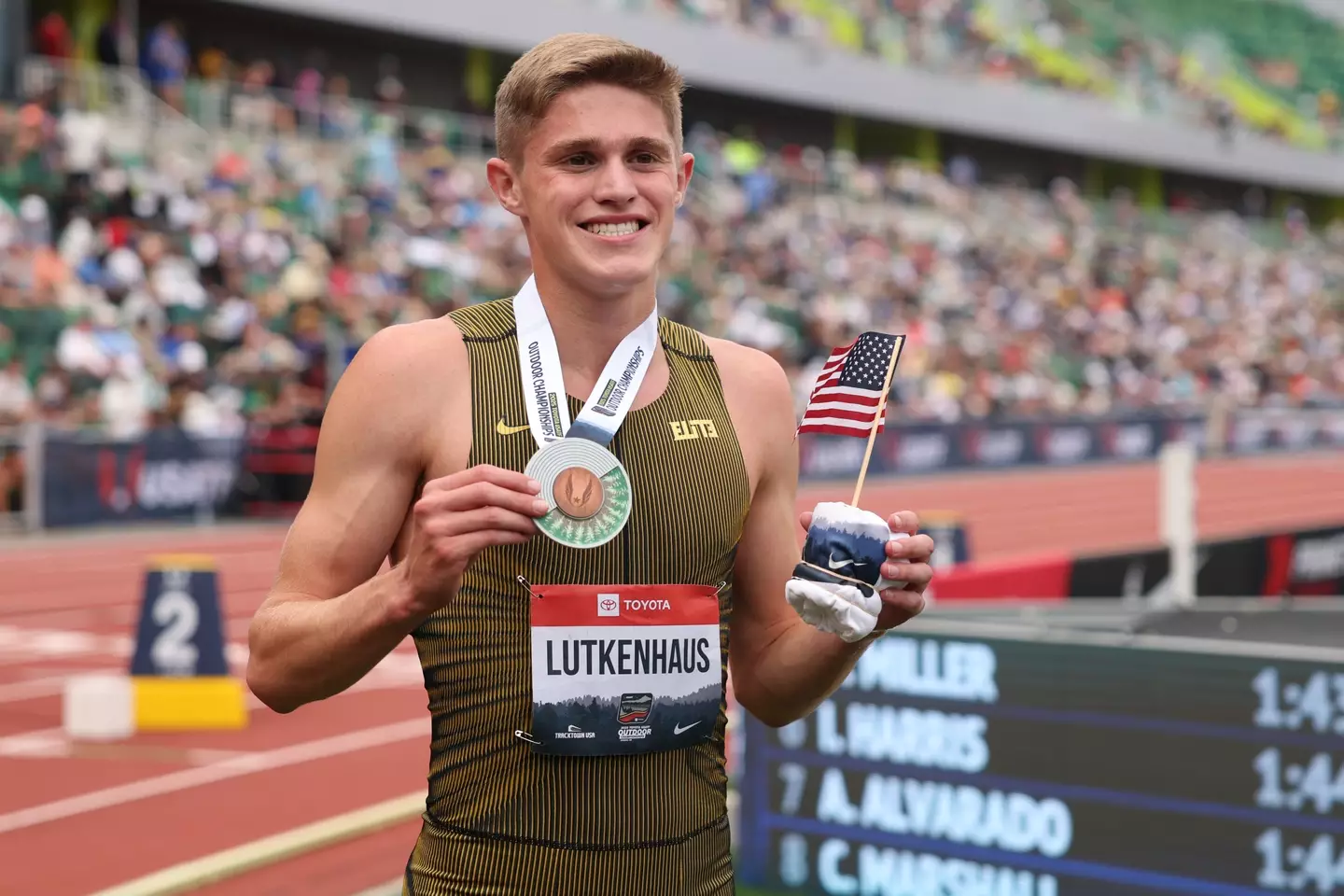 Cooper Lutkenhaus celebrates his second-placed finish in the 800m / Photo by Patrick Smith/Getty Images