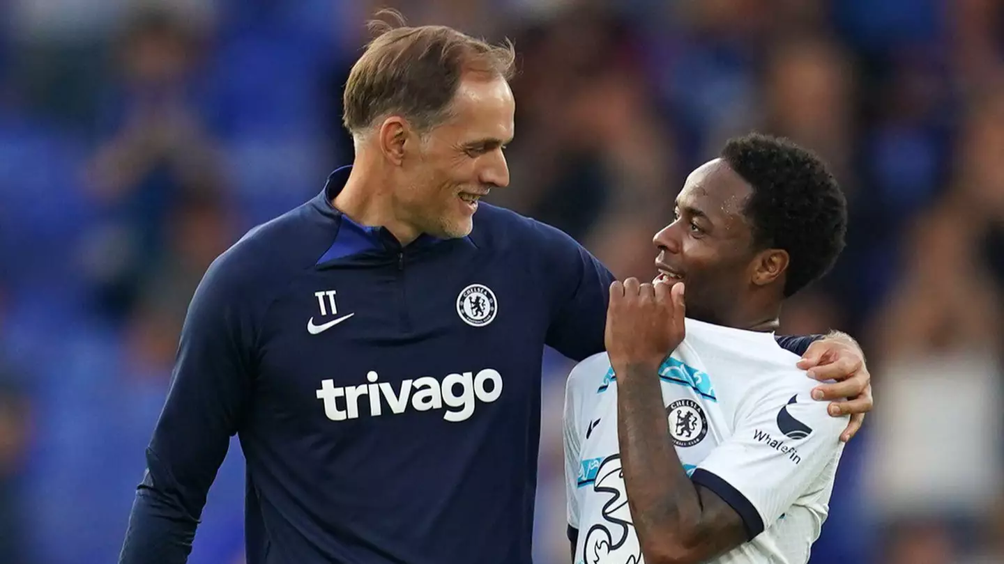 Thomas Tuchel and Raheem Sterling after the win against Everton. (Alamy)