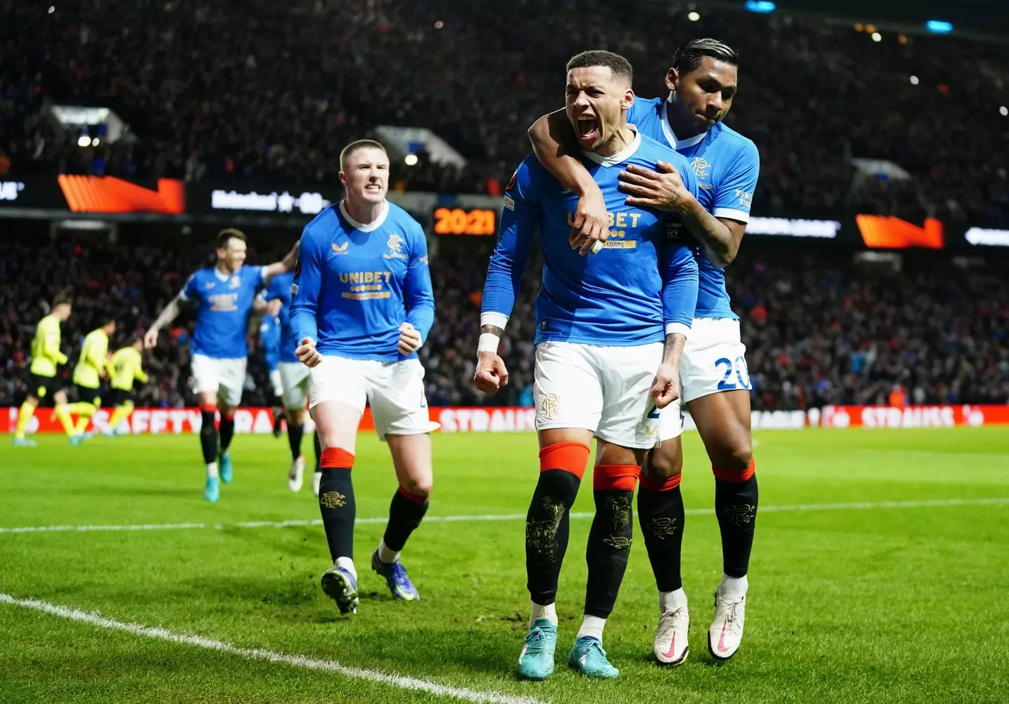 Rangers celebrate their goal on Thursday night. Image: PA Images