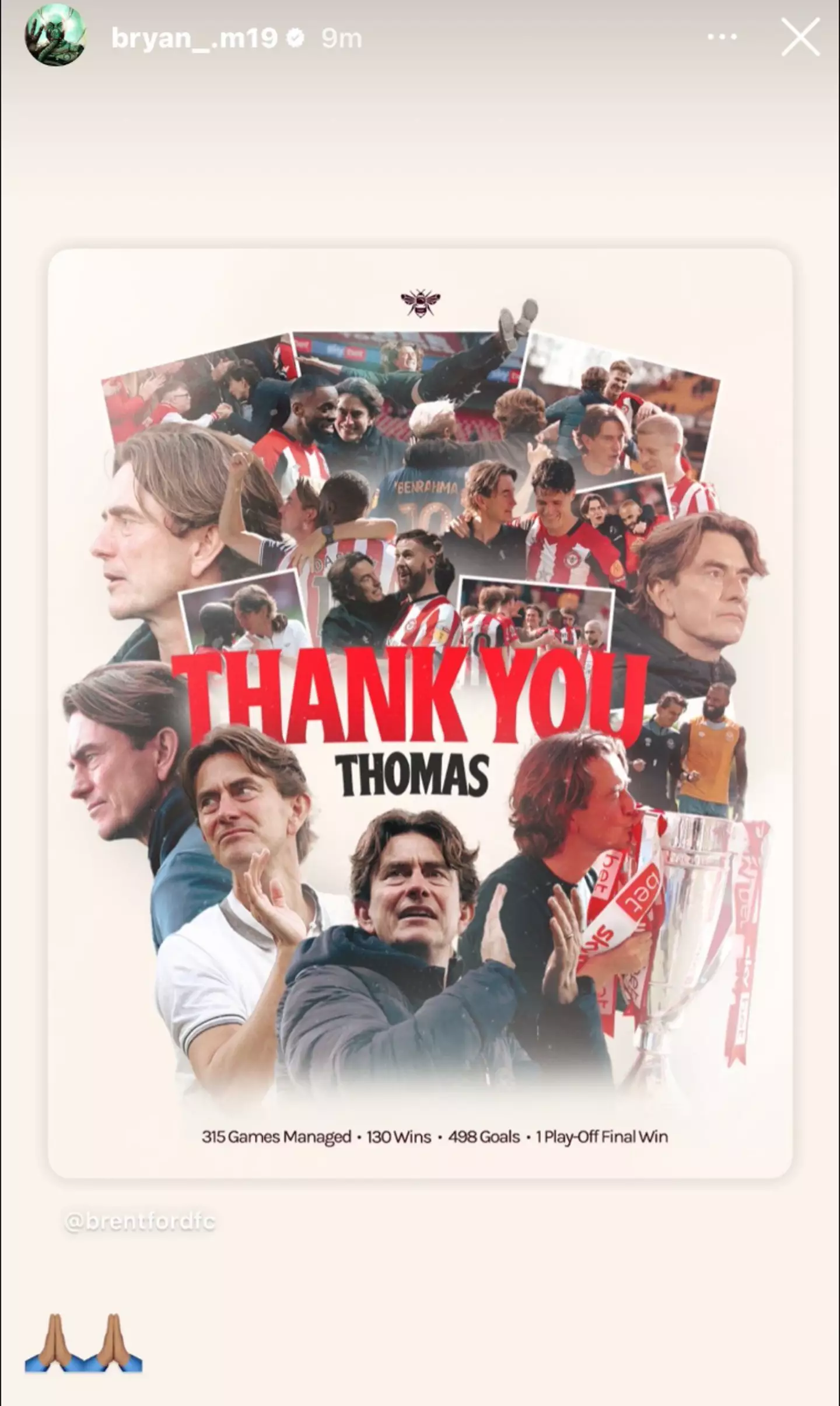 Mbeumo has sent a good luck message to his former manager Frank (Image: Instagram/Bryan Mbeumo)