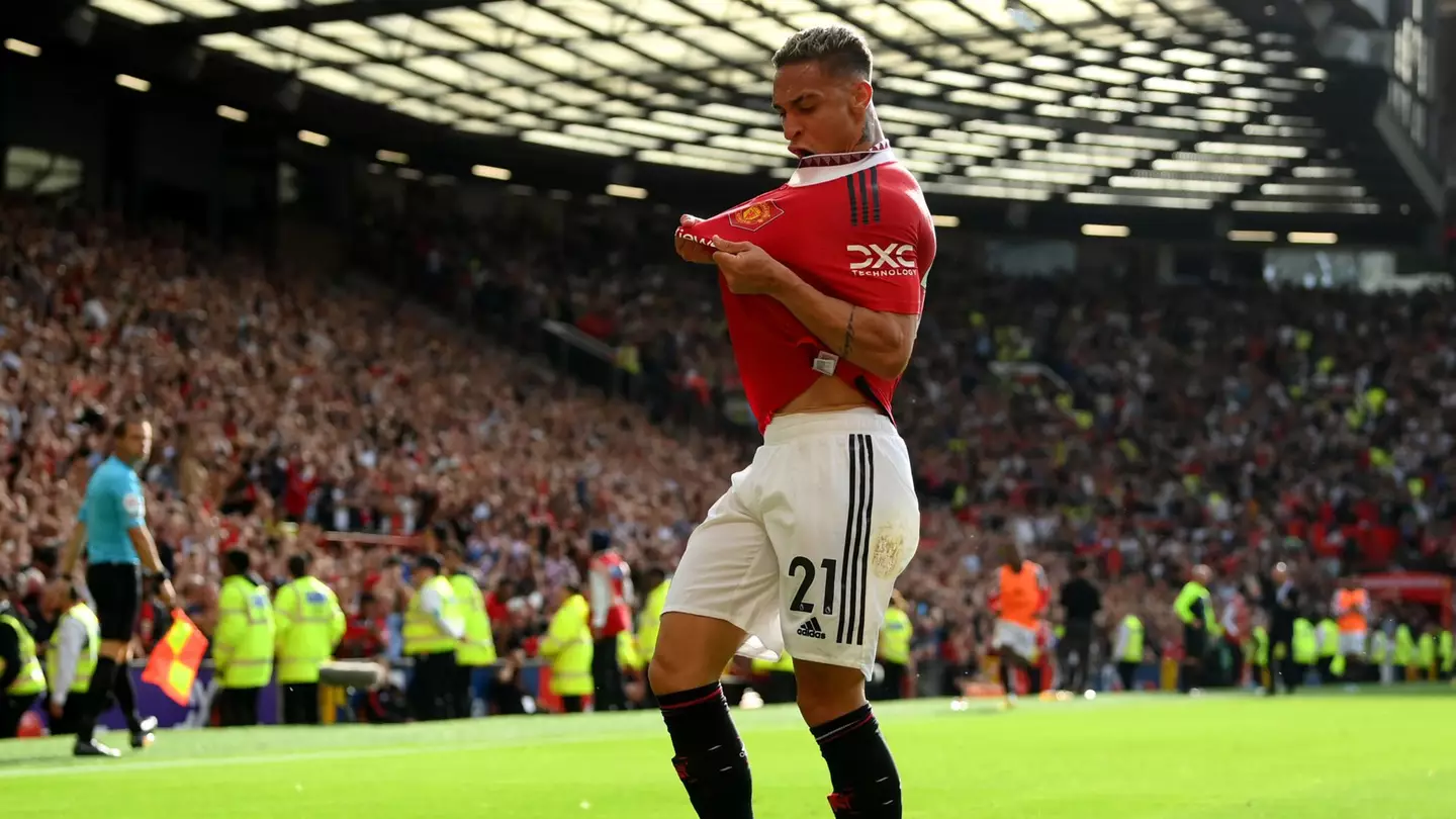 Antony celebrates his first goal in Manchester United colours. (Man Utd)