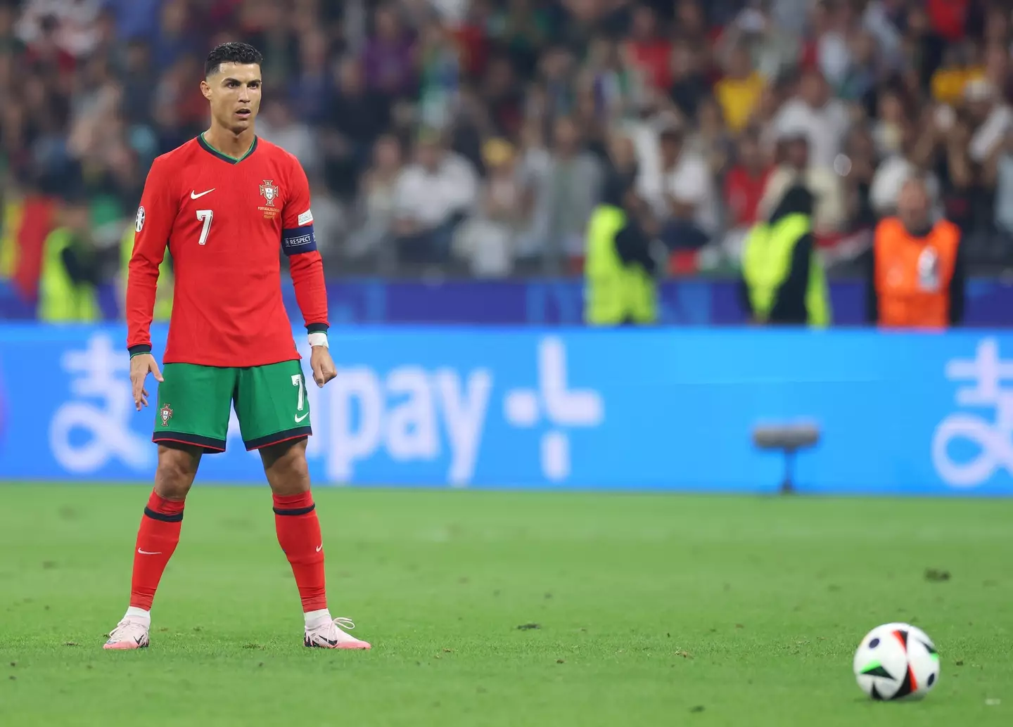 Cristiano Ronaldo prepares to take a free-kick against Slovenia. Image: Getty