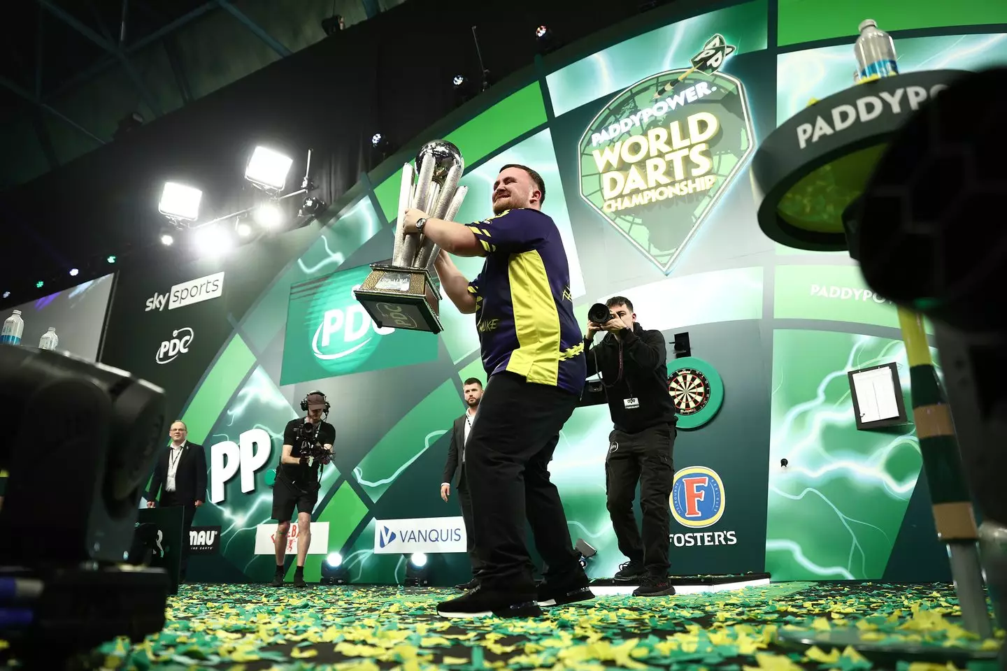 Luke Littler celebrates winning the 2025 World Darts Championship. Image: Getty
