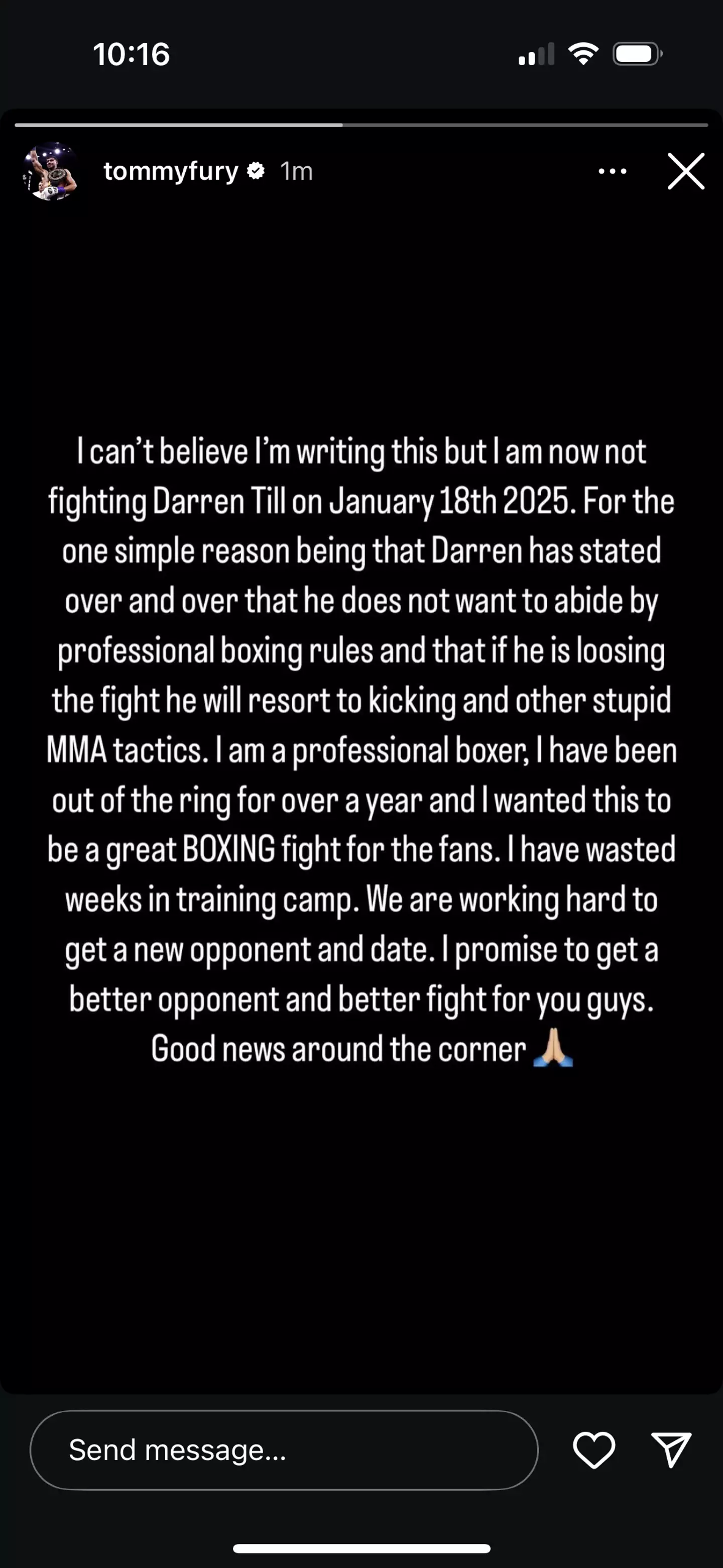 Tommy Fury claims his fight with Darren Till is off. Image: Instagram/@tommyfury