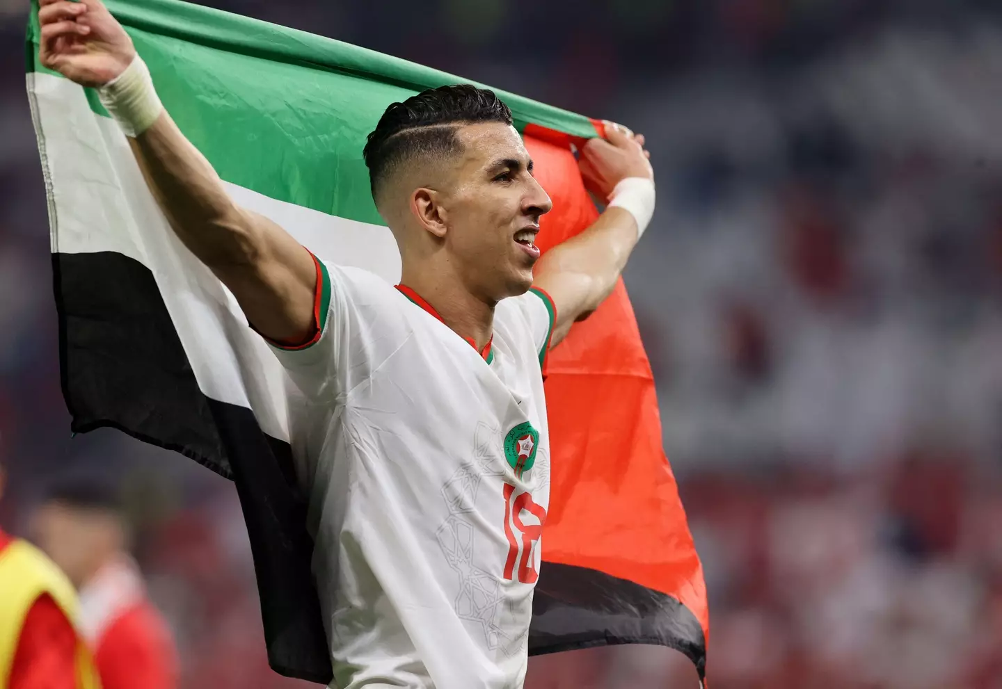 Morocco's Jawad El Yamiq with a Palestine flag during the World Cup. Image: Alamy