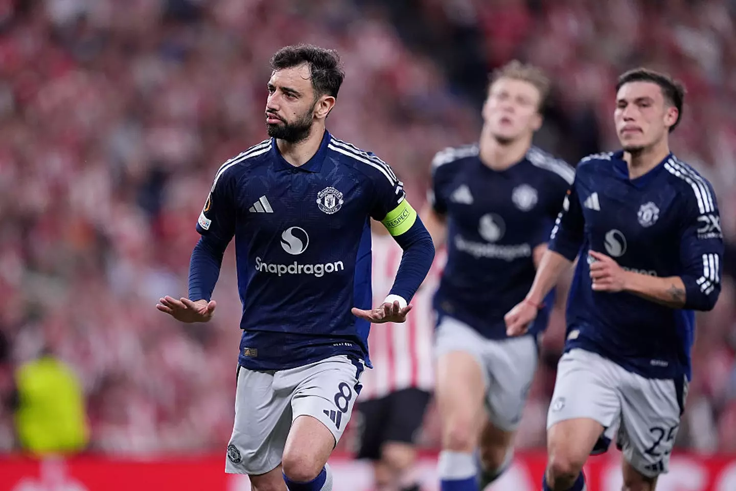 Bruno Fernandes scored twice in Manchester United's 3-0 Europa League semi-final win over Athletic Club. (Image: Getty)