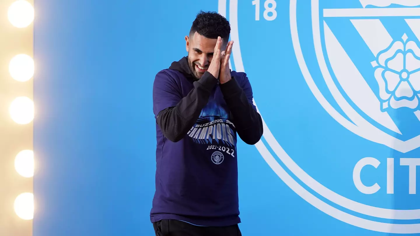 Riyad Mahrez celebrates Manchester City's 2021/22 Premier League title win (Image: Alamy)