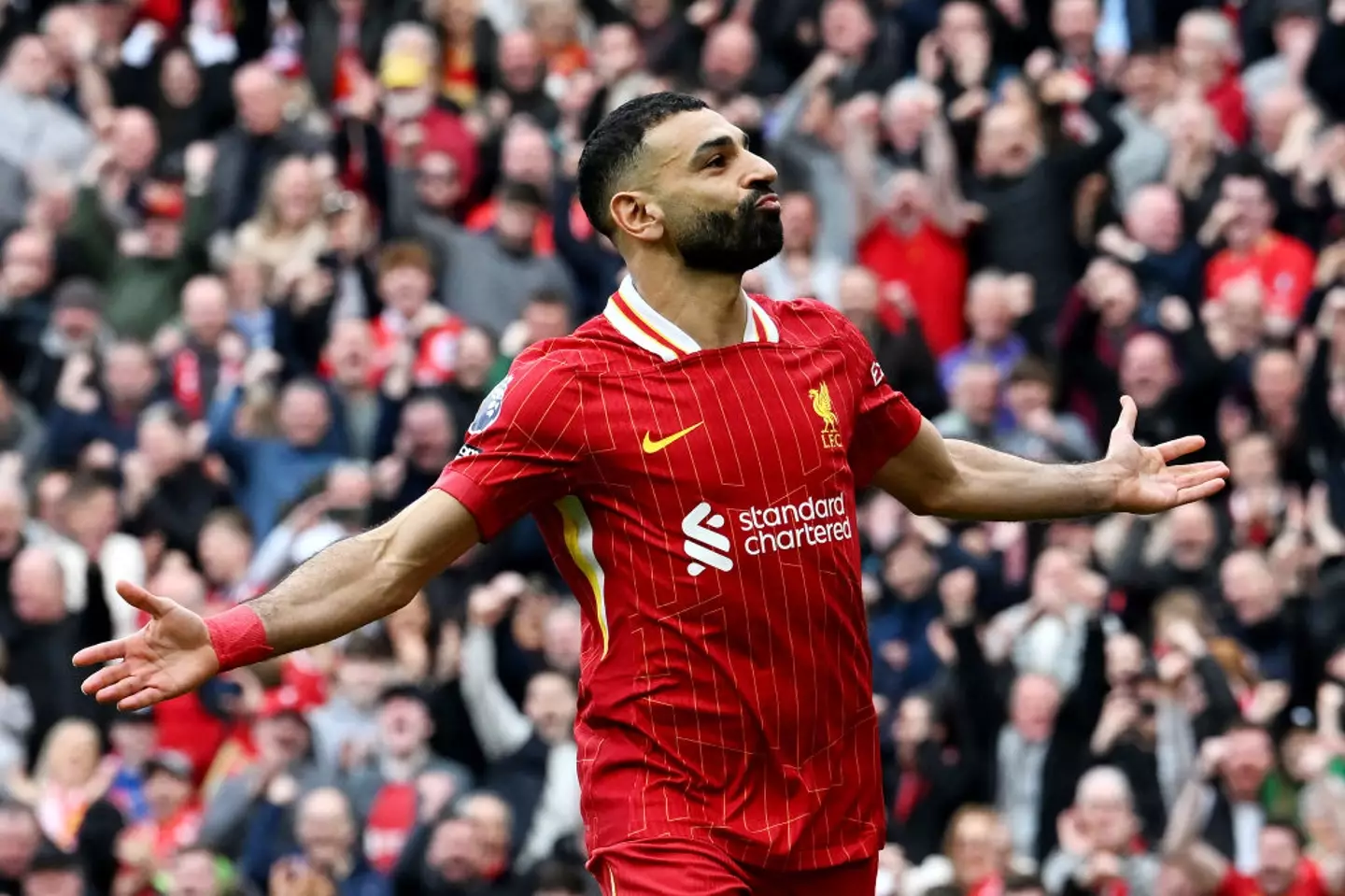 Mo Salah wearing Liverpool's Nike-made 2024/25 home shirt (Credit:Getty)
