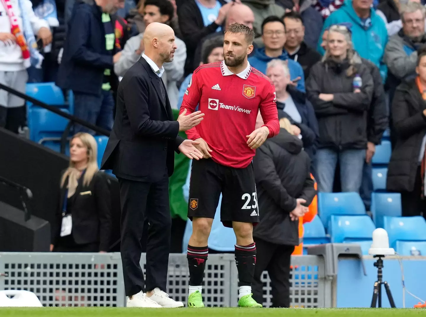 Erik ten Hag and Luke Shaw against Manchester City. (Alamy)