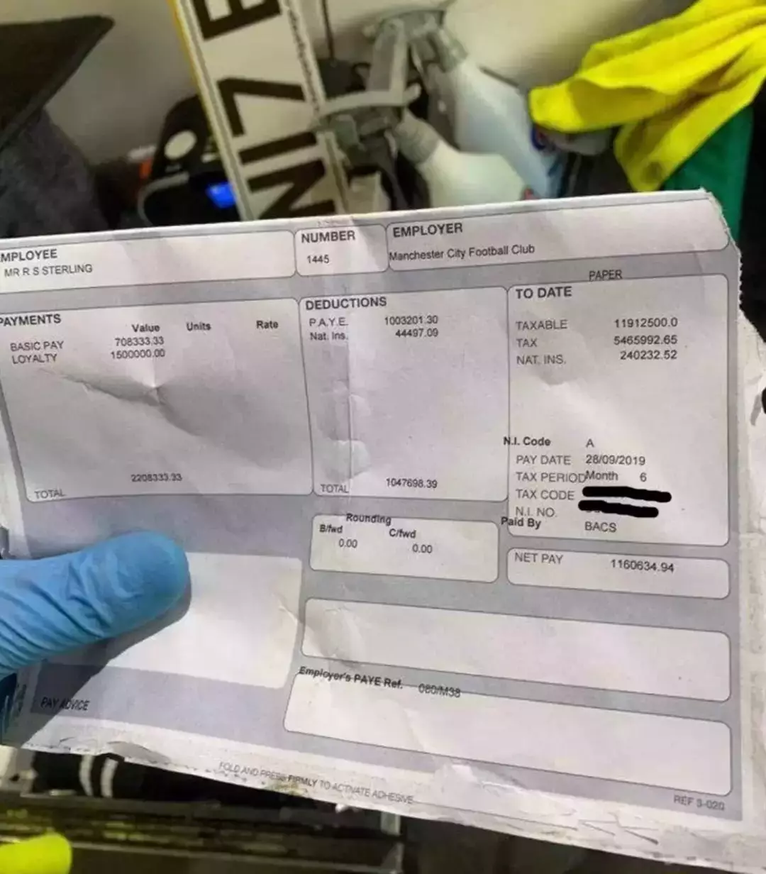 Raheem Sterling's payslip was supposedly leaked online. Image: X/@UpshotTowers