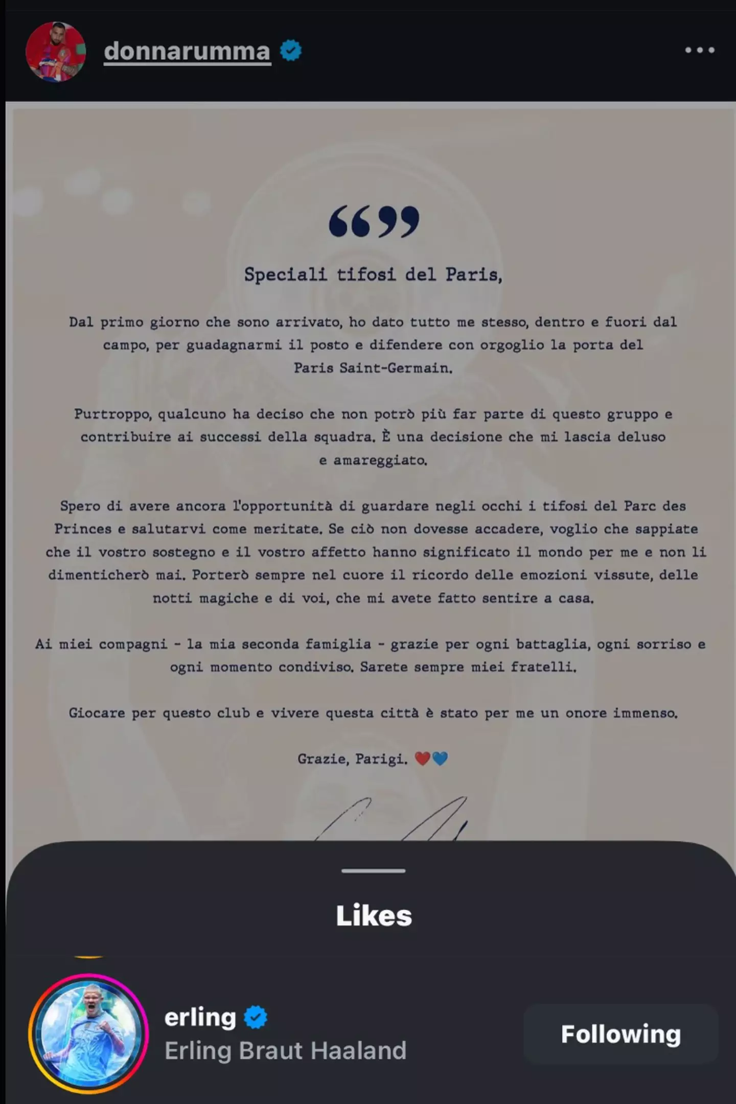 Erling Haaland likes Gianluigi Donnarumma's Instagram statement (credit: instagram)