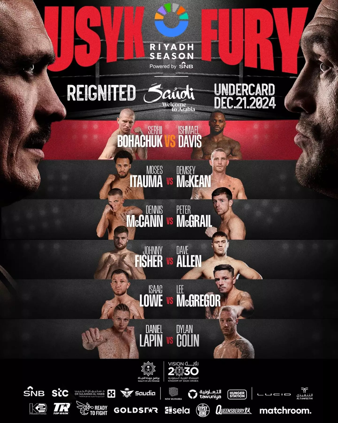 The full undercard for Oleksandr Usyk vs. Tyson Fury. Image: X/Turki Alalshikh