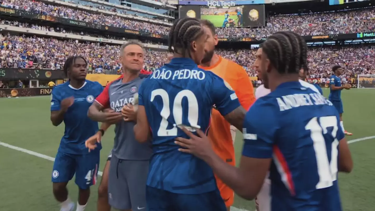 Luis Enrique appears to grab Joao Pedro by the throat as Chelsea 3-0 PSG post-match melee turns ugly