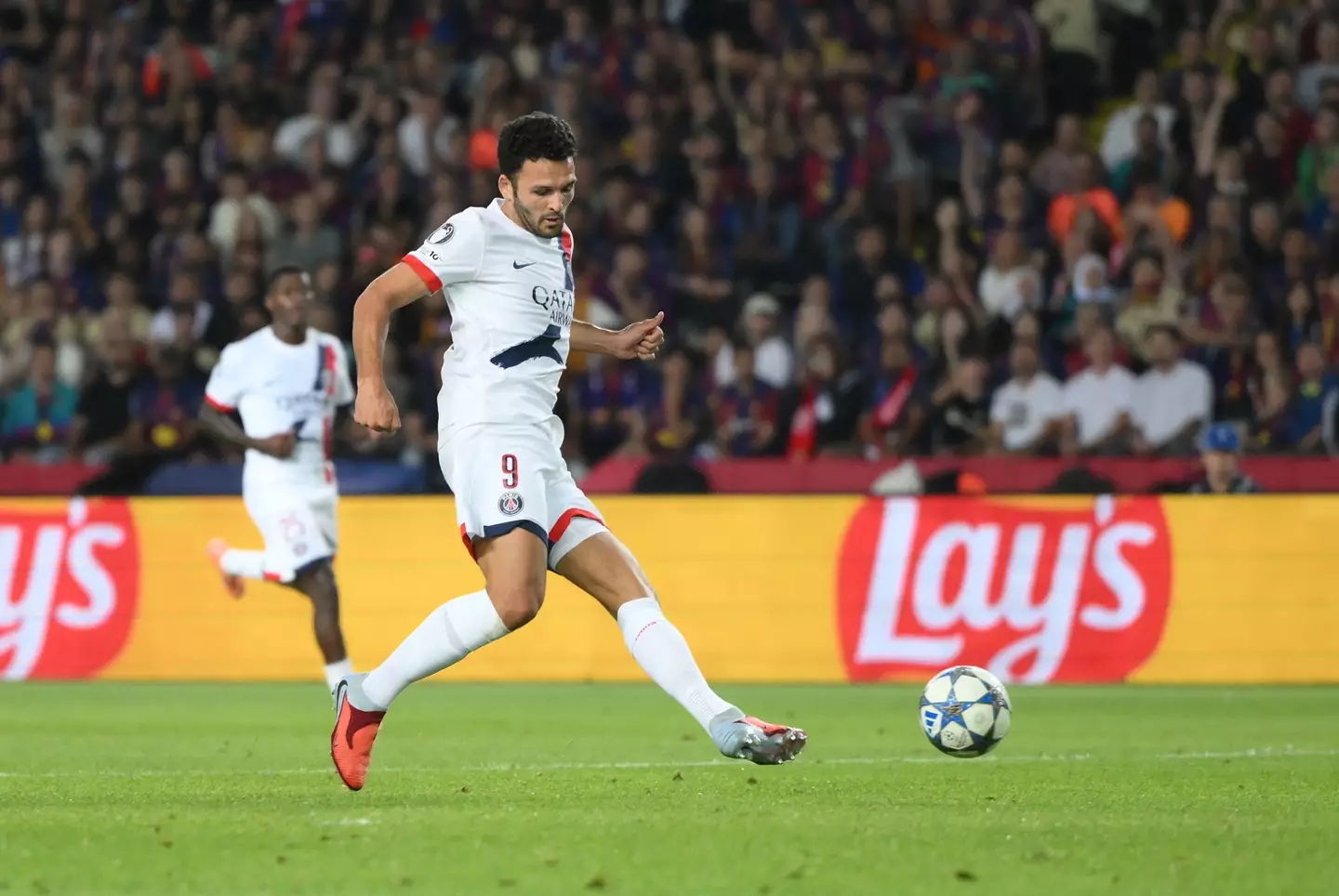 Goncalo Ramos scores the winner against Barcelona. Image credit: Getty