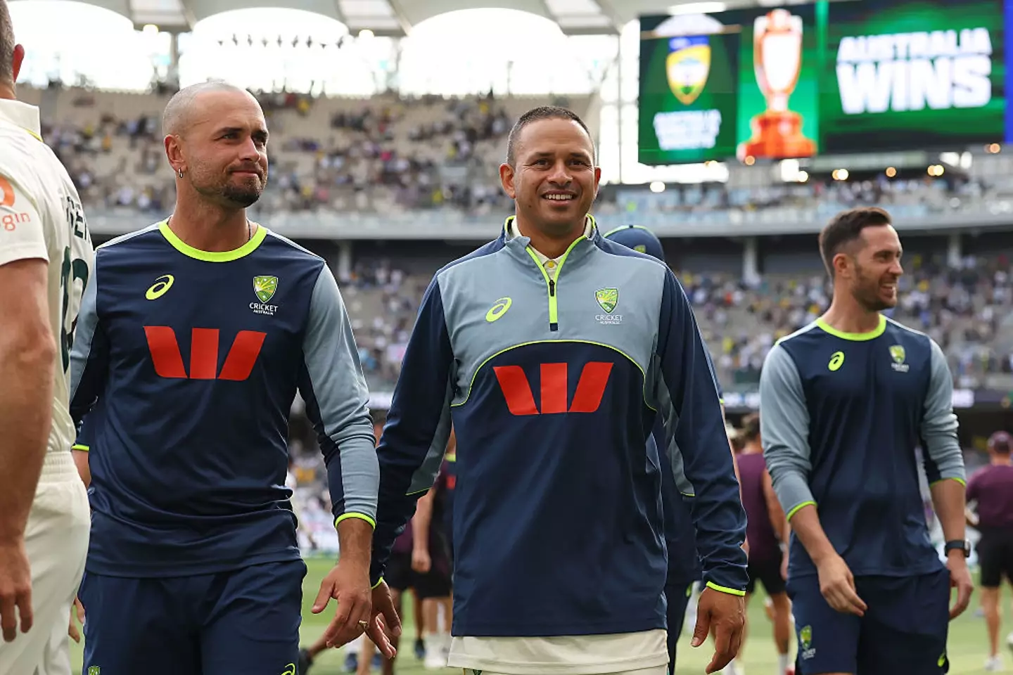 Khawaja (centre) is a fitness doubt for the day-night second Test in Brisbane (Image: Getty)